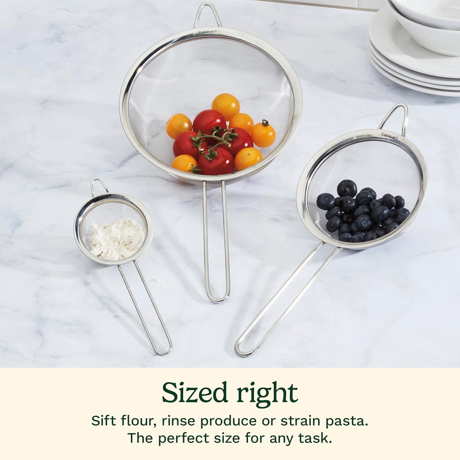 Cuisinart 3 Piece Stainless Steel Mesh Strainer Set for for Sifting, Straining and Draining Vegetables, Pastas, Flour, Tea