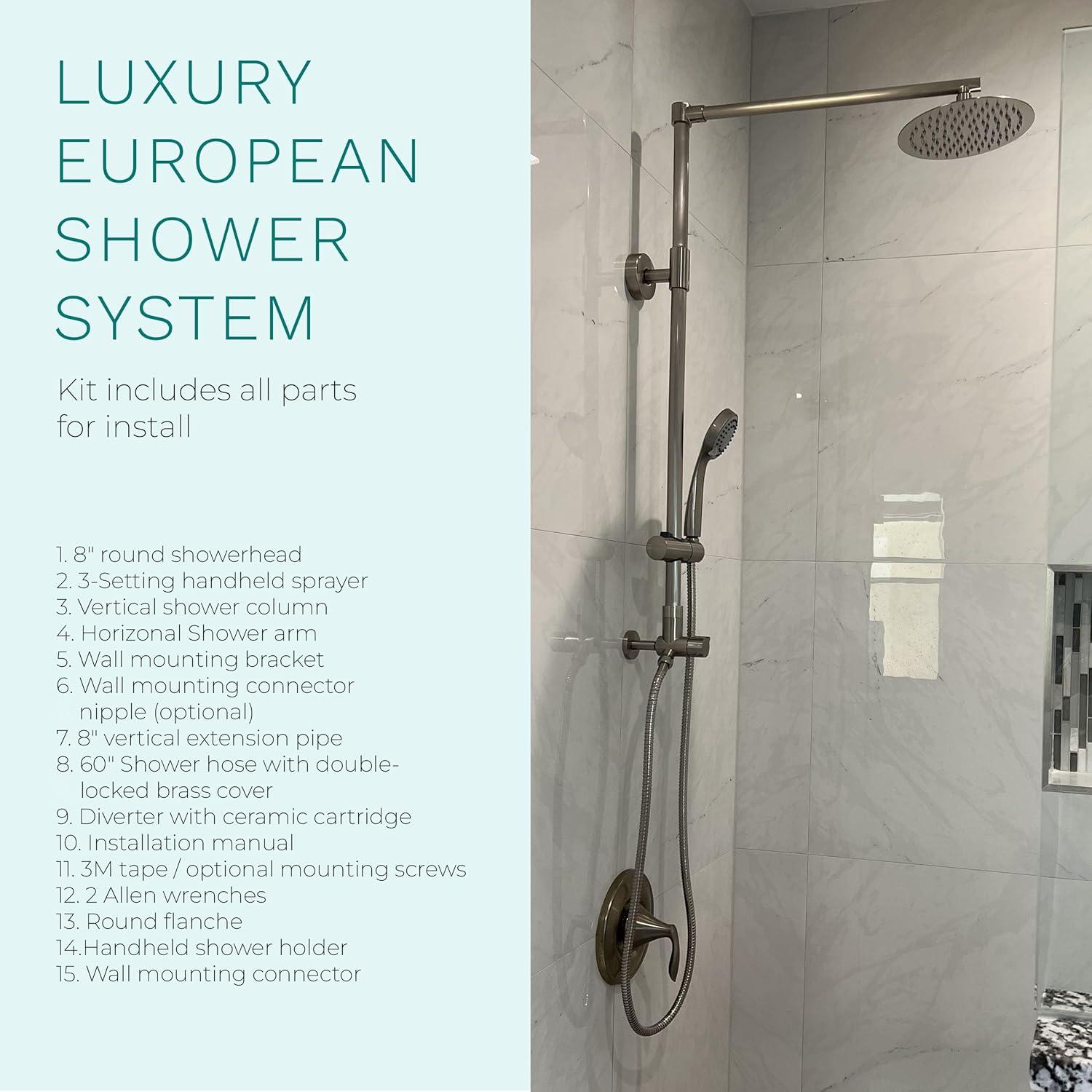 Fennocasa Polaris Elite Rain Shower System, 8” Rainfall Shower Head, 2.5 GPM Brushed Nickel