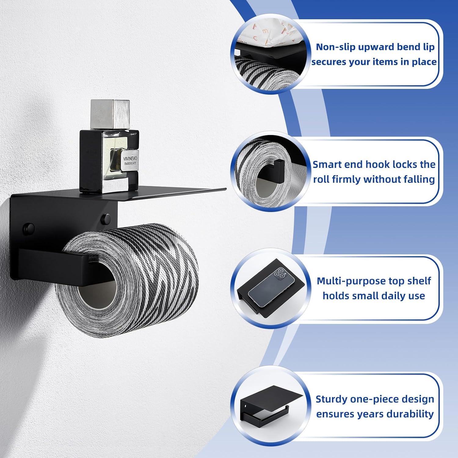 APLusee Toilet Paper Holder with Shelf Matte Black, 304 Stainless Steel Tissue Holder, Wall Mounted