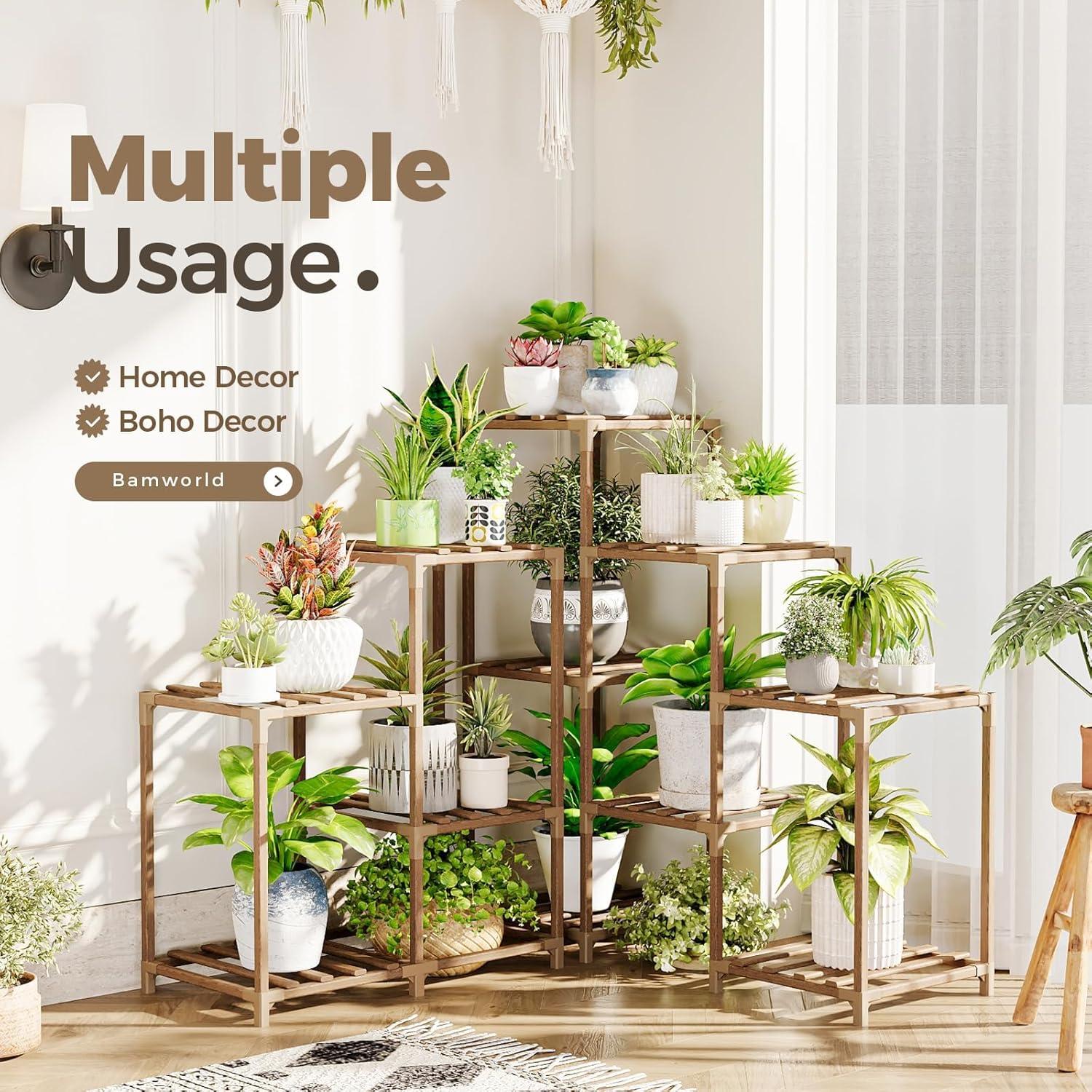Bamworld Plant Stand Indoor Outdoor Tall 5-Tier Corner Plant Shelf 13 Potted Flower Shelves Wooden Plant Stands Garden Wood Plant Holder Rack for Living Room Balcony Patio Decor Gifts for Women Mom