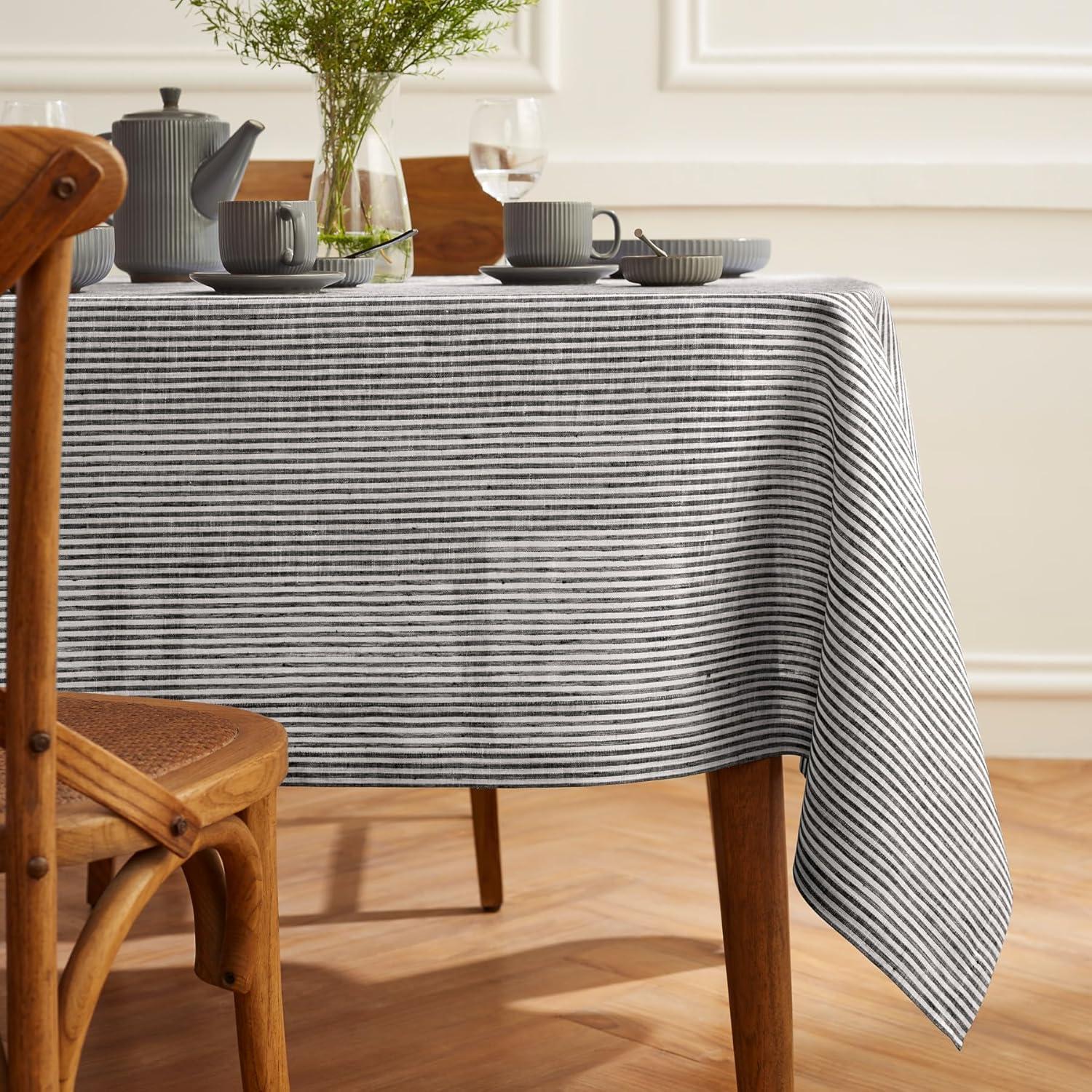 Black and White Striped Linen Rectangular Tablecloth 60 x 90 Inch