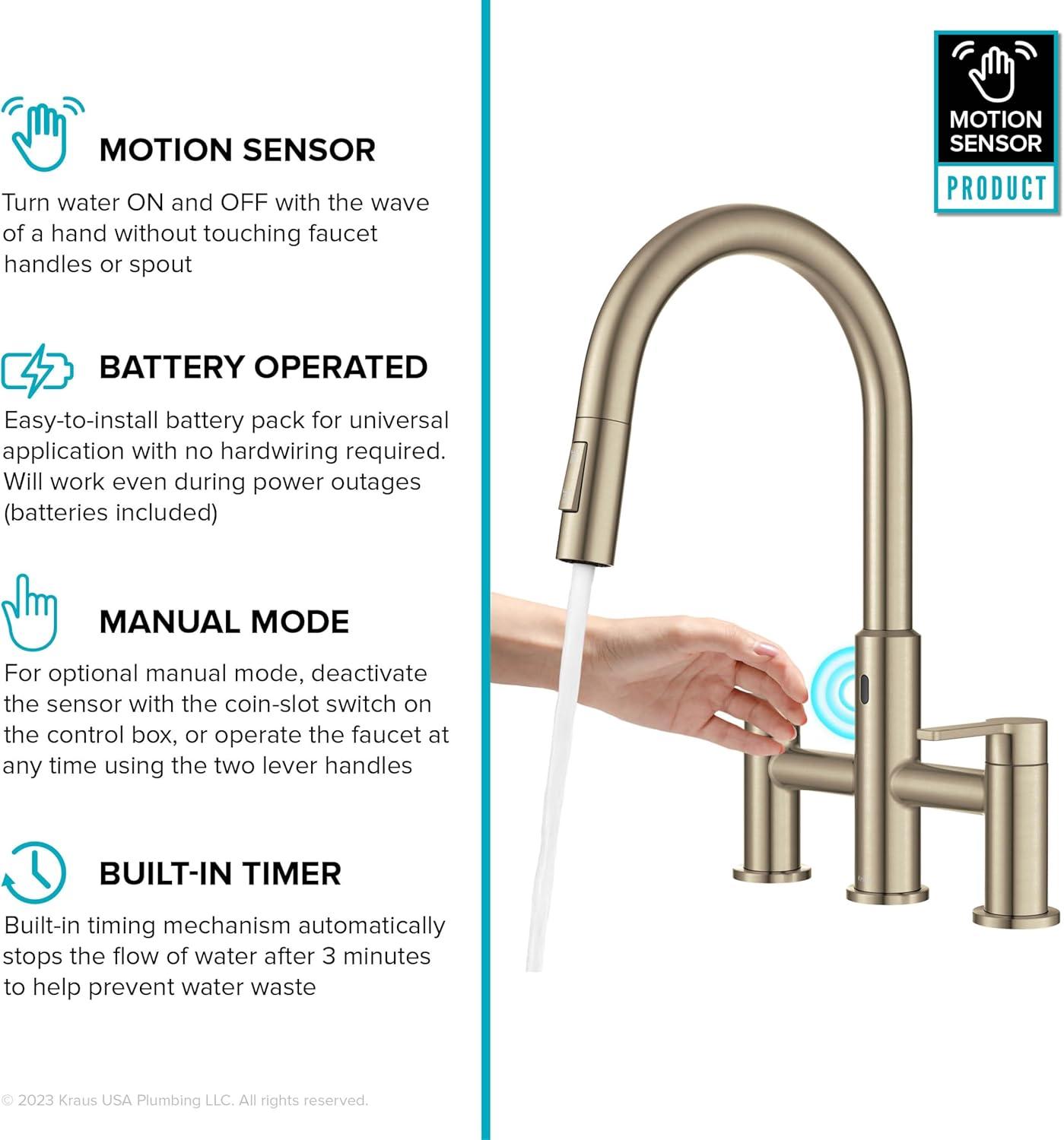 KRAUS Oletto Touchless Sensor Bridge Kitchen Faucet With Pull-Down Sprayhead