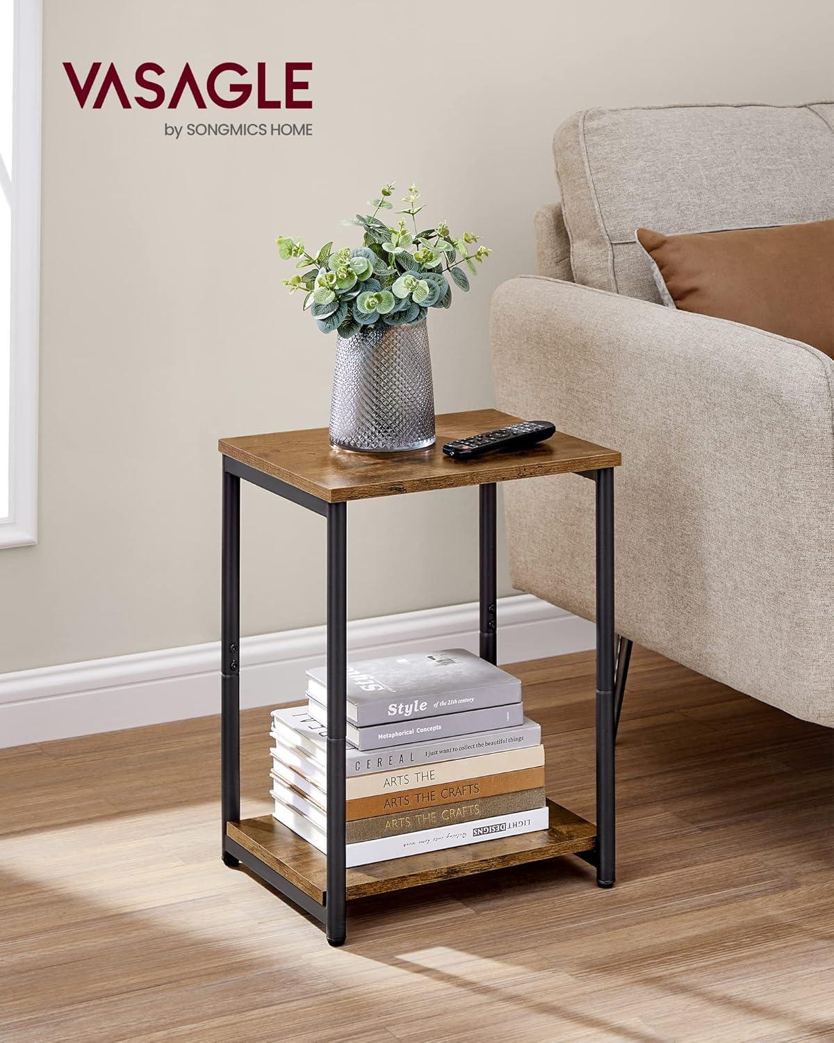 Rustic Brown and Black Metal Rectangular Side Table with Storage Shelf