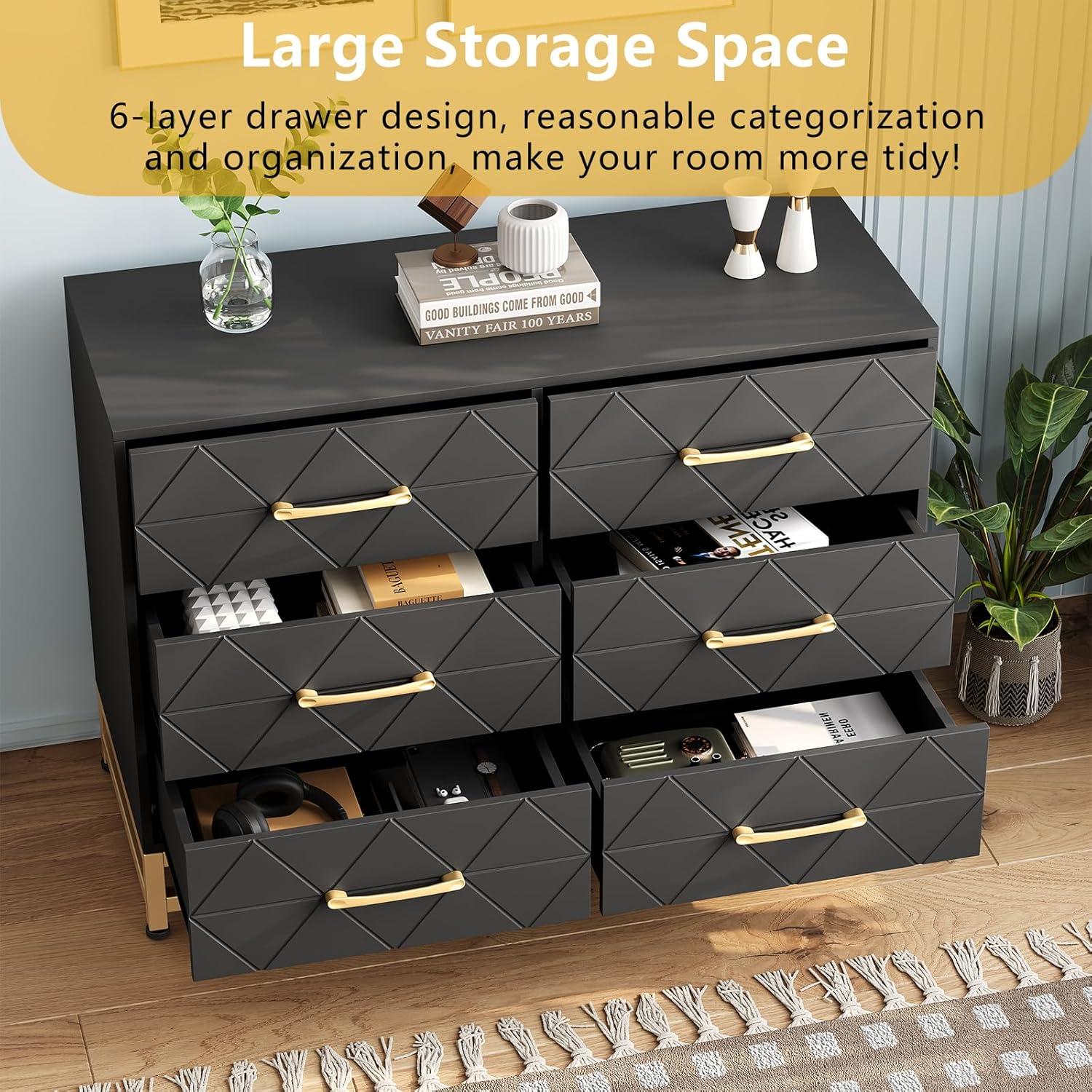 Garvee Dresser for Bedroom with 6 Drawer, Wood Dressers Chest of Drawers with Wide Drawers and Metal Handles for Living Room Hallway Entryway, Pink