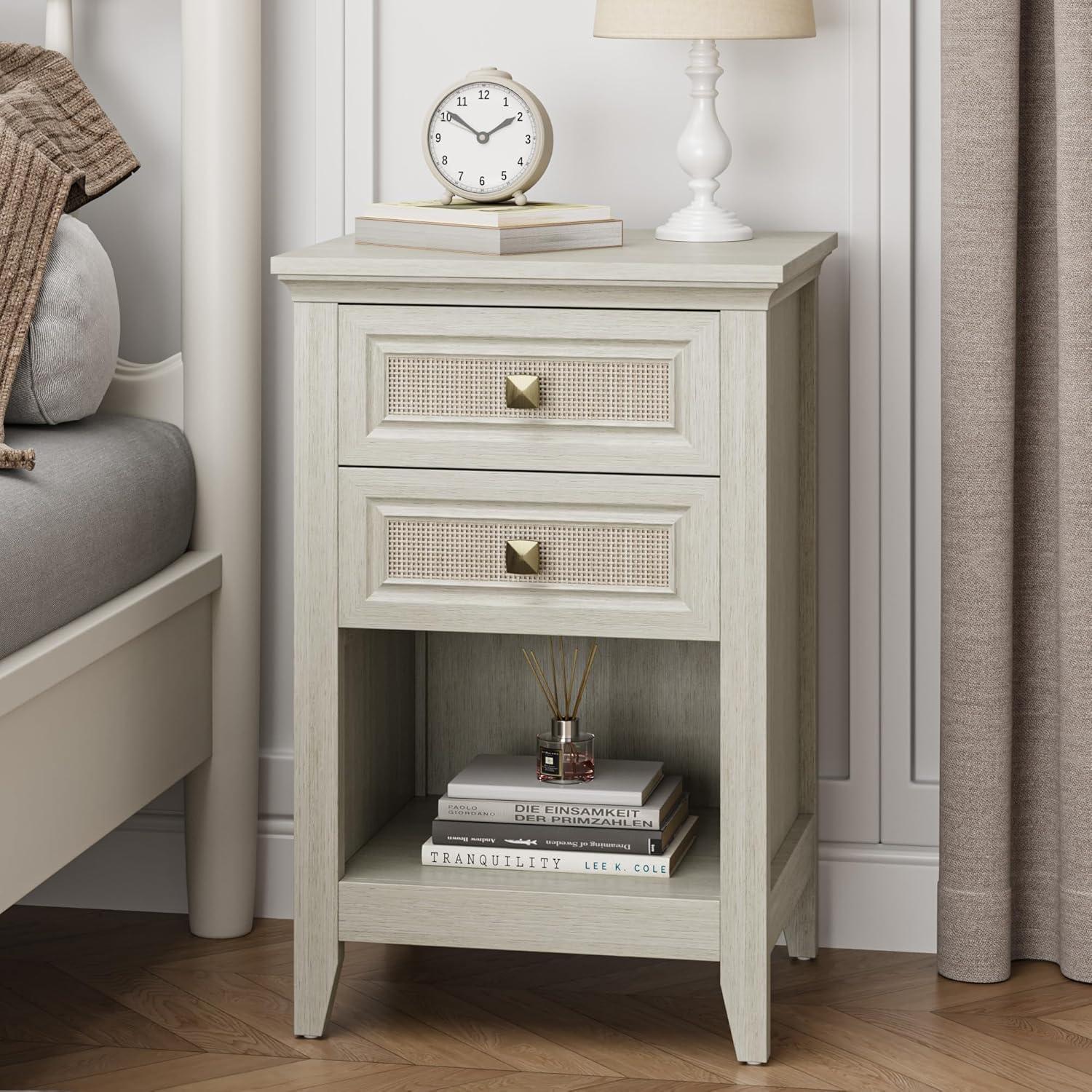 Grayish White Farmhouse Nightstand with Rattan Drawers