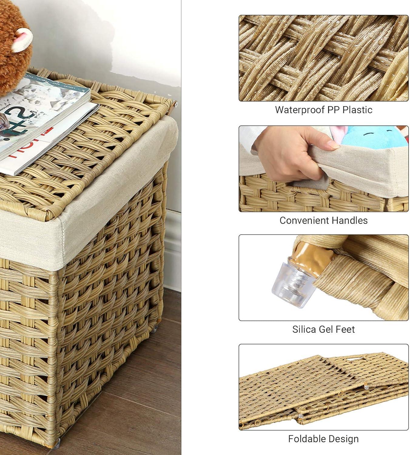 SONGMICS Storage Basket with Lid, 42.3 Gallon (160L) Storage Bin, Woven Blanket Storage Basket with Handles, Foldable, Removable Liner, Natural