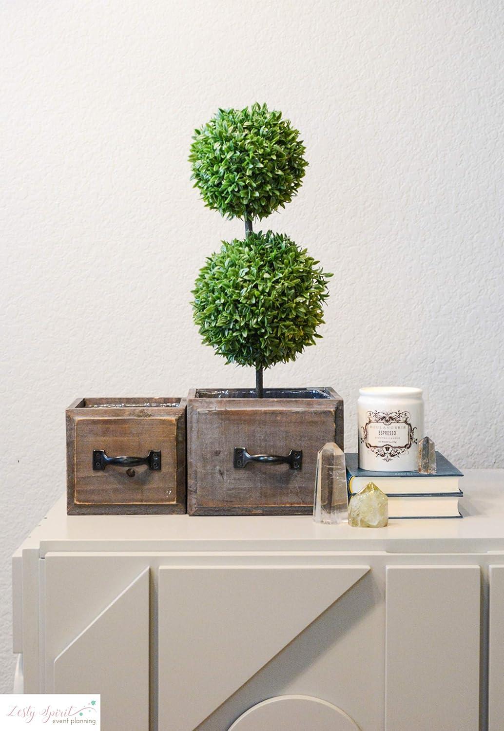 Set of 2 Stained wood medium and small drawer style pots w/ hard liner