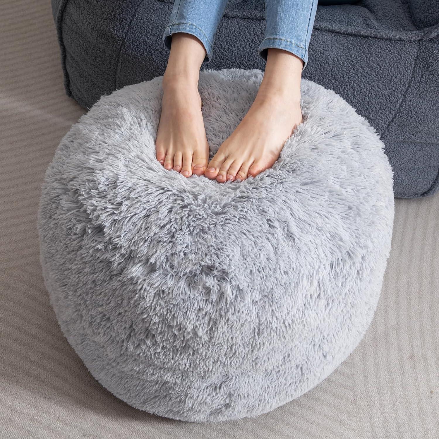 Grey Faux Fur Round Pouf Ottoman with Foam Filling