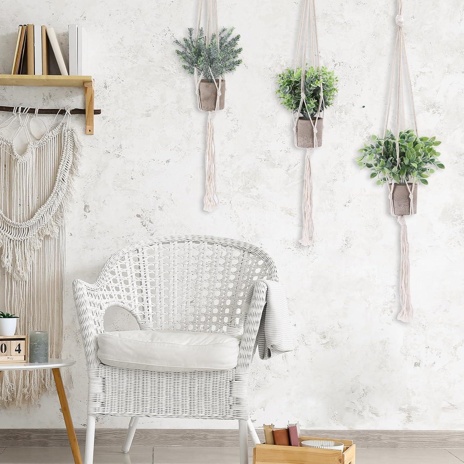 Artificial Plants 3 Pack Mini Fake Hanging with Macrame Plant Hangers Decorative Faux Greenery Decor for Shelves Wall Kitchen Farmhouse Bathroom Home Office