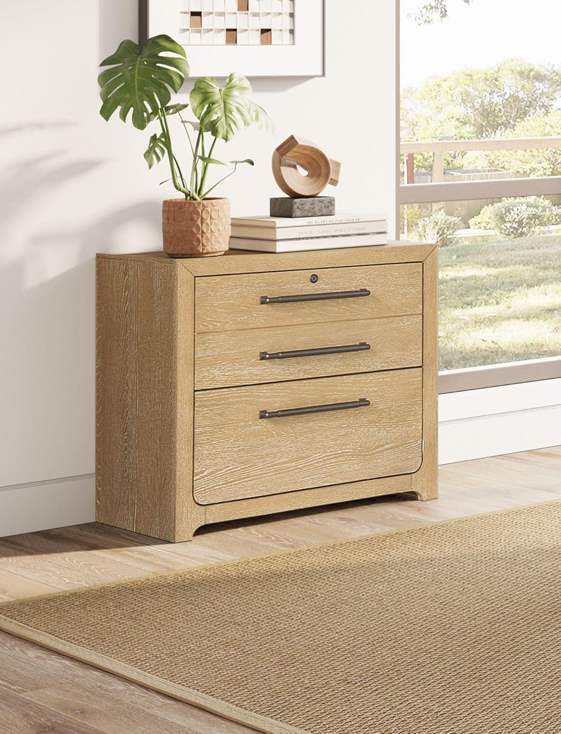 Light Brown Oak Lockable Lateral File Cabinet with Heavy Bar Pulls