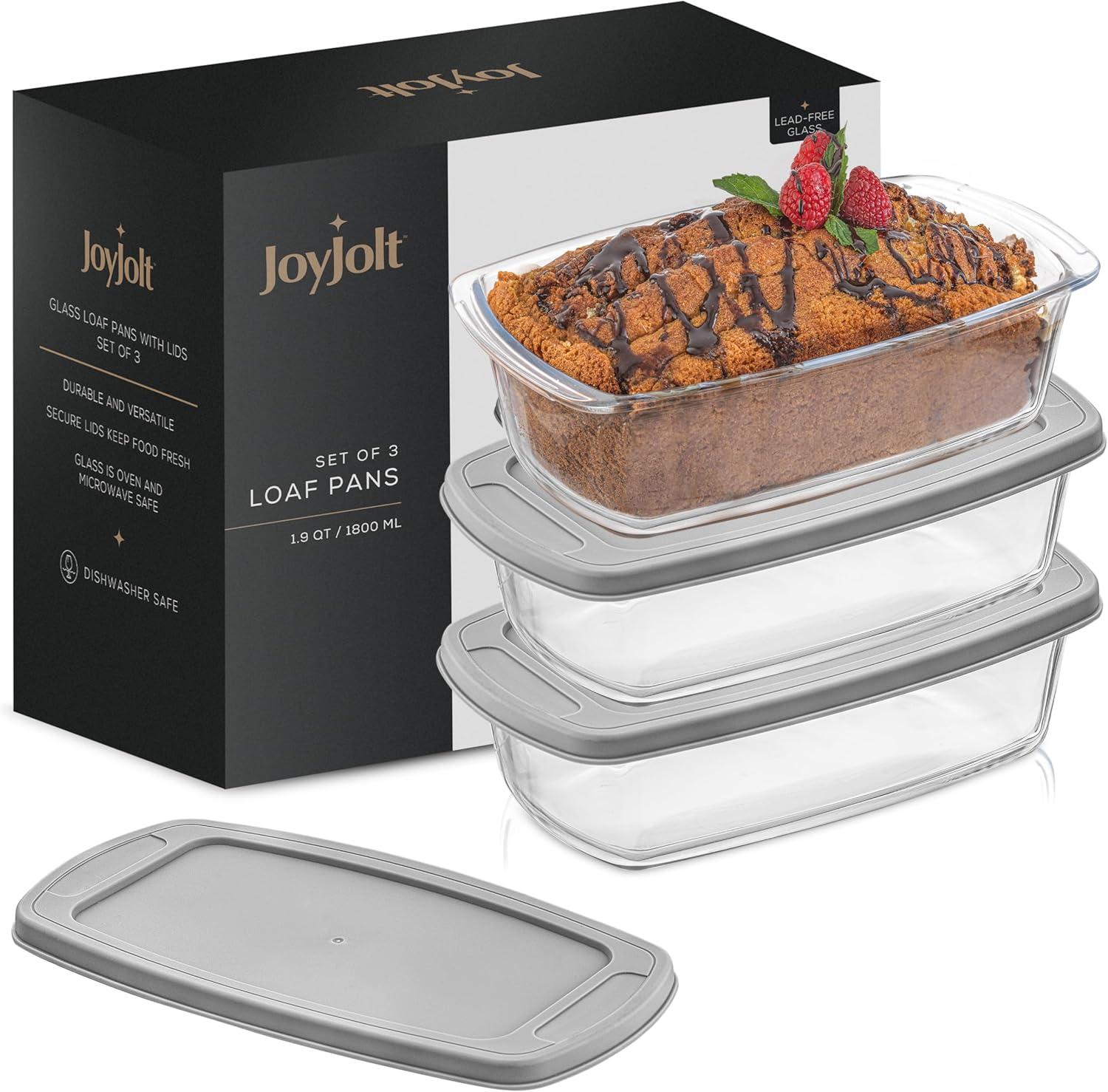 JoyJolt Glass Bakeware Containers for Loaf,  Bread, Cakes Pans Baking Containers with Lids - Set of 3 - Grey