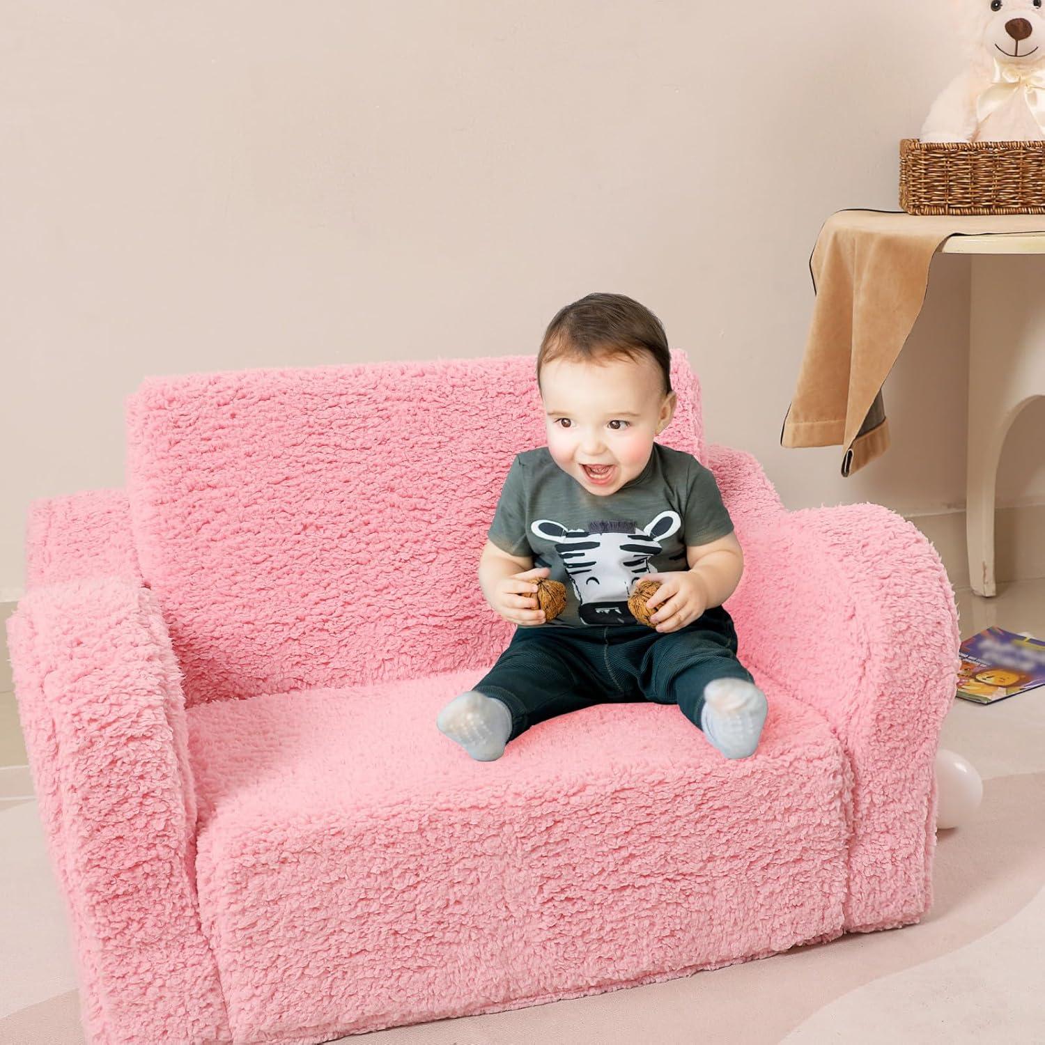 Pink Sherpa 2-in-1 Kids Folding Couch and Lounger