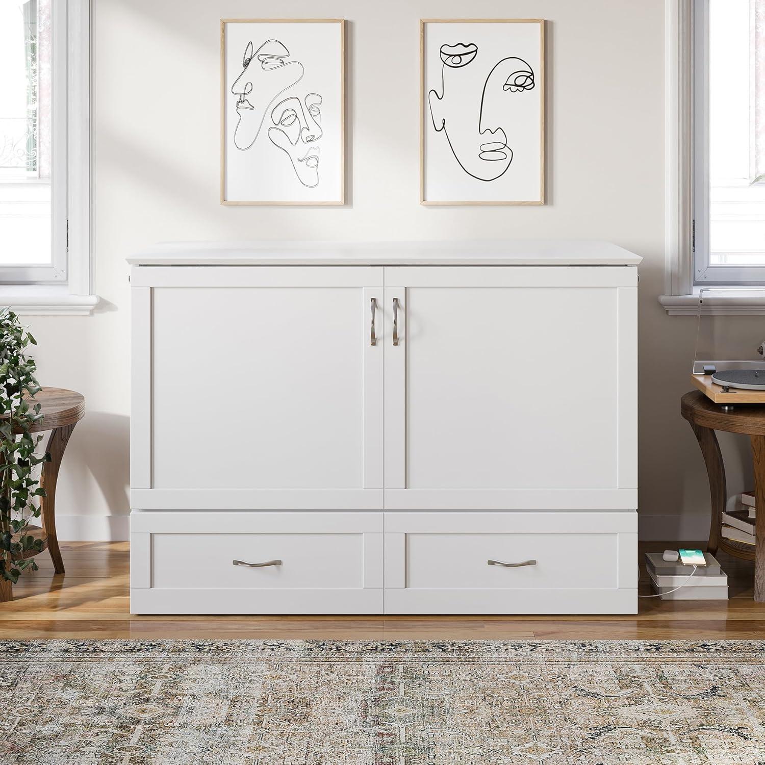 AFI Hamilton Full Solid Wood Murphy Bed Chest with Built-In Charger in White