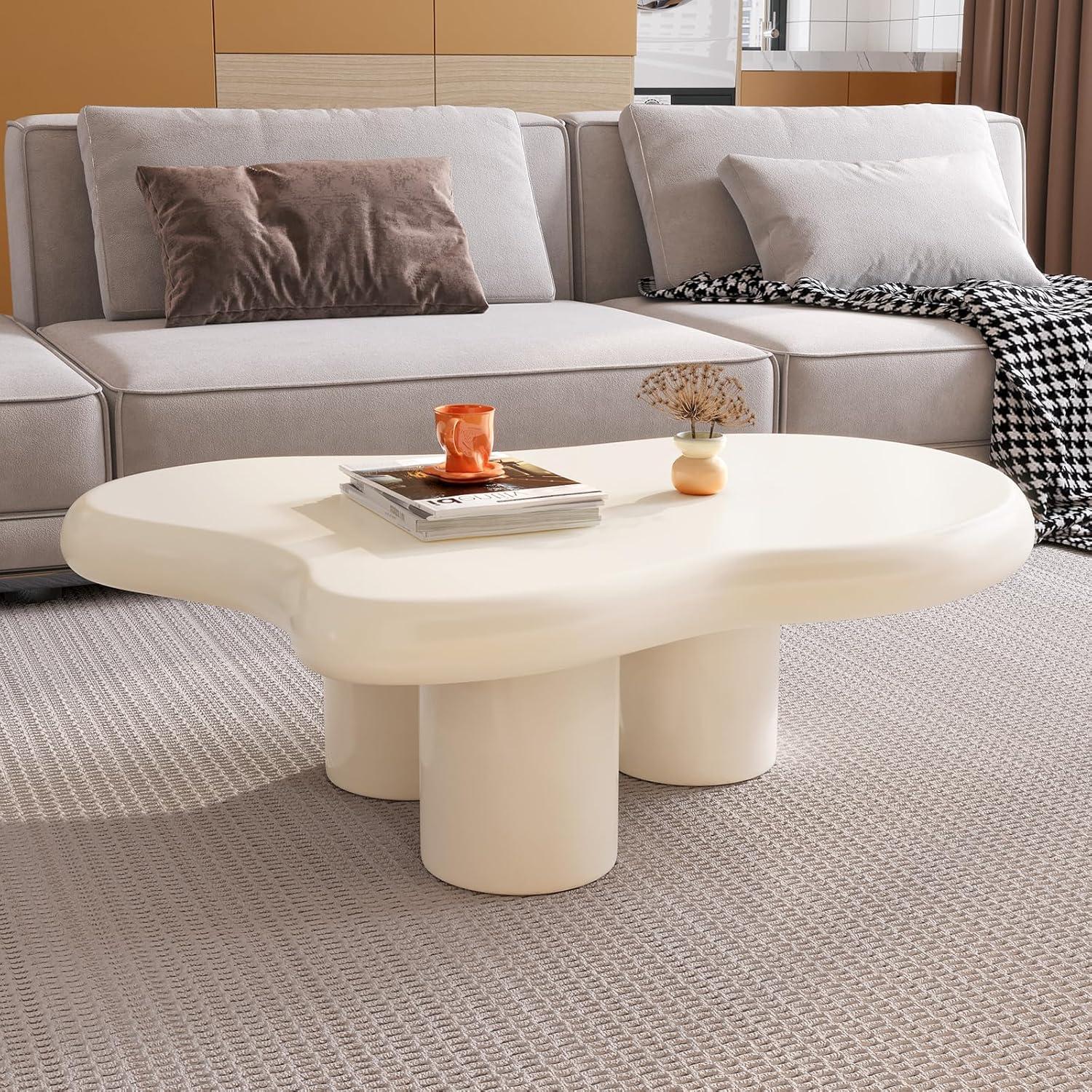 Guyii 41.02" Cream White Cloud Coffee Table, Irregular Coffee Table with 3 Legs for Living Room, Office
