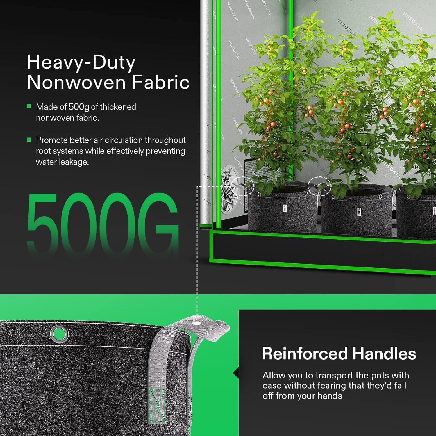 VIVOSUN 5-Pack 3 Gallon Grow Bags, 500G Thick Nonwoven Fabric Pots with Strap Handles, Multi-Purpose Rings, for Low Stress Plant Training Fruits, Vegetables, and Flowers