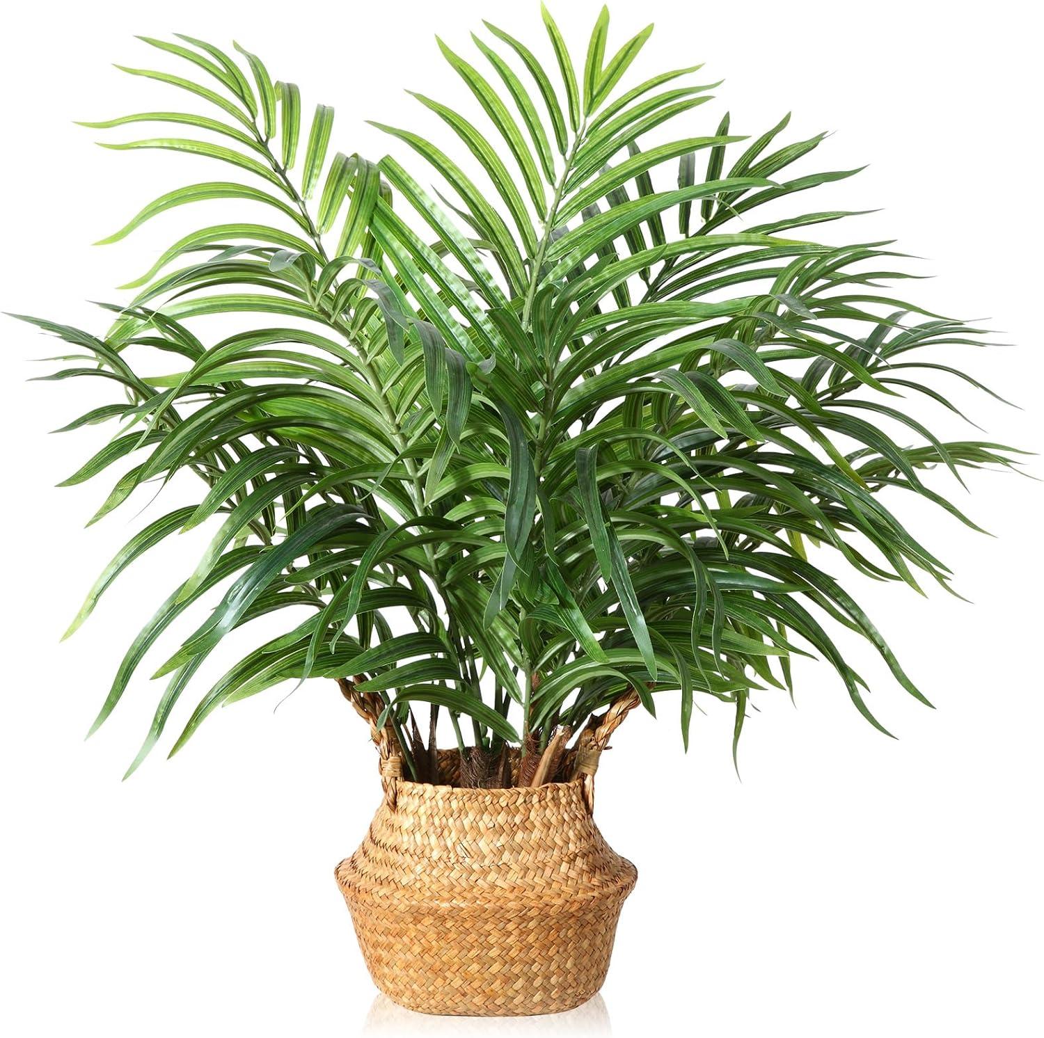 Artificial Palm Tree 28”Fake Potted Areca Palm Plant with Handmade Seagrass Basket, Perfect Faux Tree Home Décor for Indoor Outdoor Office Porch Balcony Bedroom Bathroom Gift,2Pack