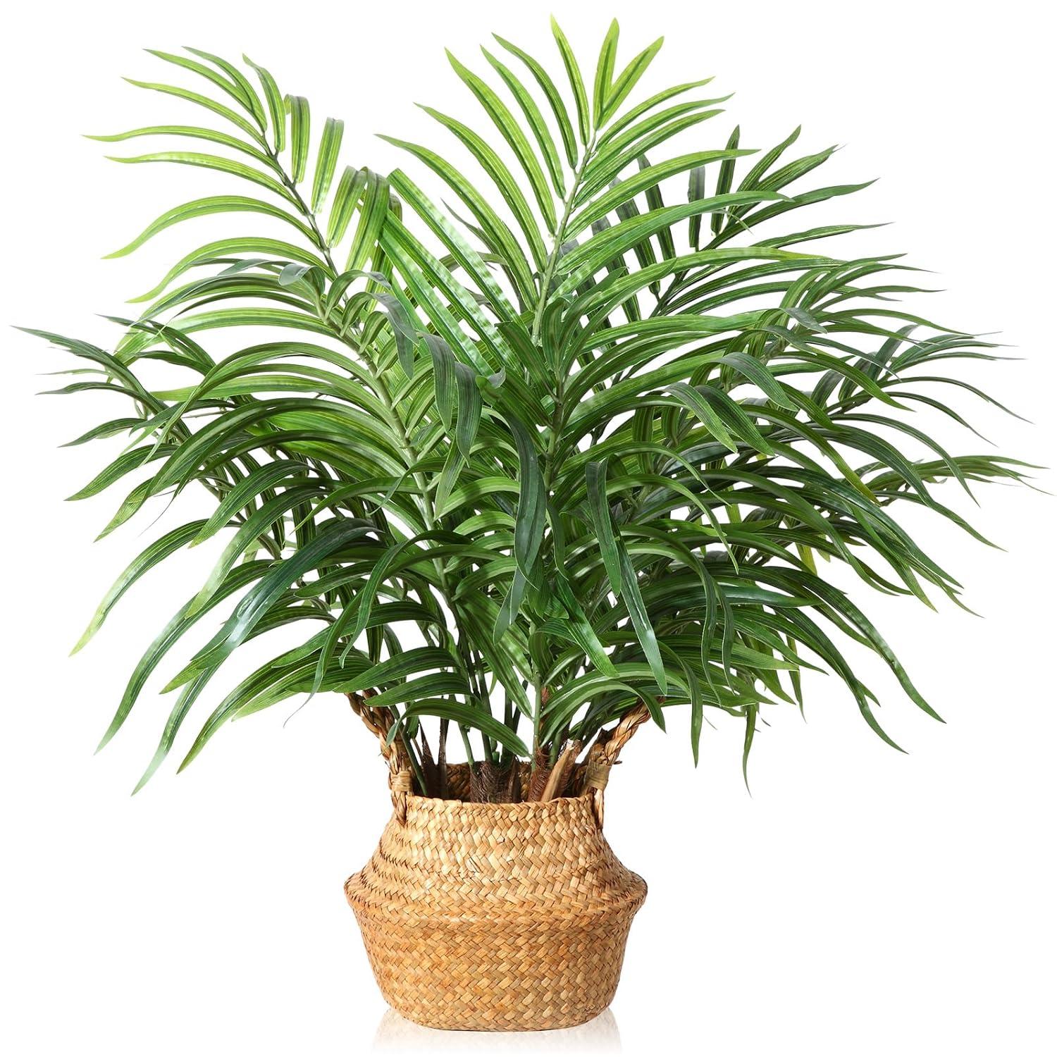 Artificial Palm Tree 28”Fake Potted Areca Palm Plant with Handmade Seagrass Basket, Perfect Faux Tree Home Décor for Indoor Outdoor Office Porch Balcony Bedroom Bathroom Gift,2Pack