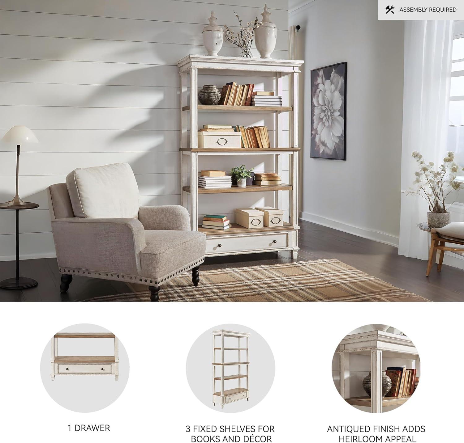 75" Realyn Bookshelf - Signature Design by Ashley: Cottage Style, Antiqued Two-Tone Finish, Open Shelves