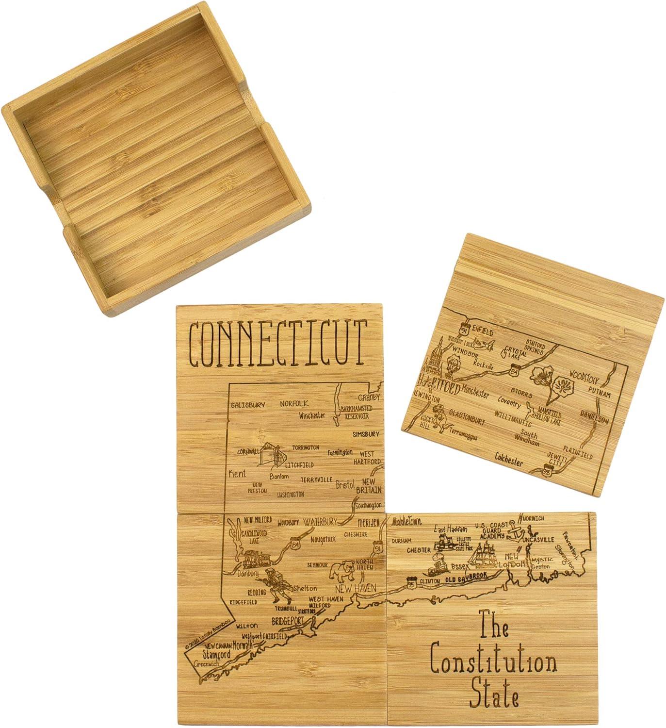 Connecticut State Puzzle Bamboo Coaster Set with Storage Case