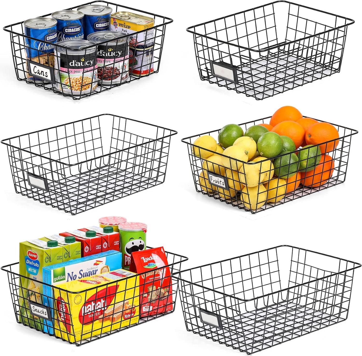 6 Pack [ Extra Large ] Wire Storage Baskets For Organizing With Lables, Pantry Organization Bins Cabinets - Metal Basket Kitchen, Laundry, Garage, Fridge, Bathroom Countertop Organizer