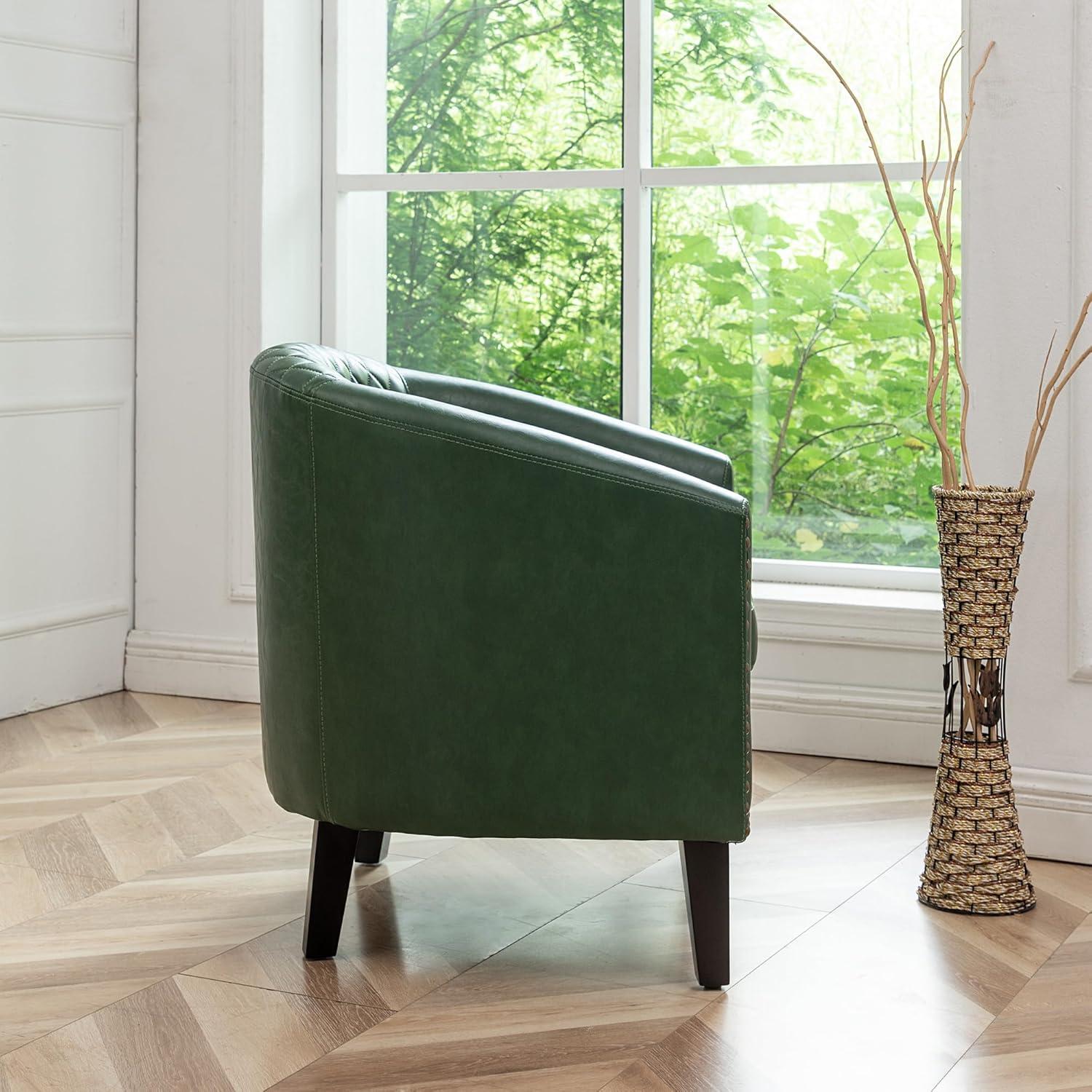 Green Faux Leather Tufted Barrel Chair with Wood Legs