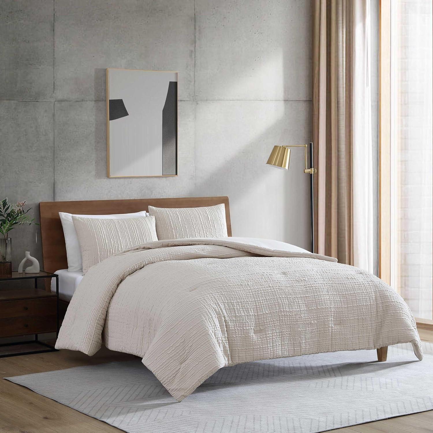 Beige Twin Modern Embossed Duvet Cover Set with Shams