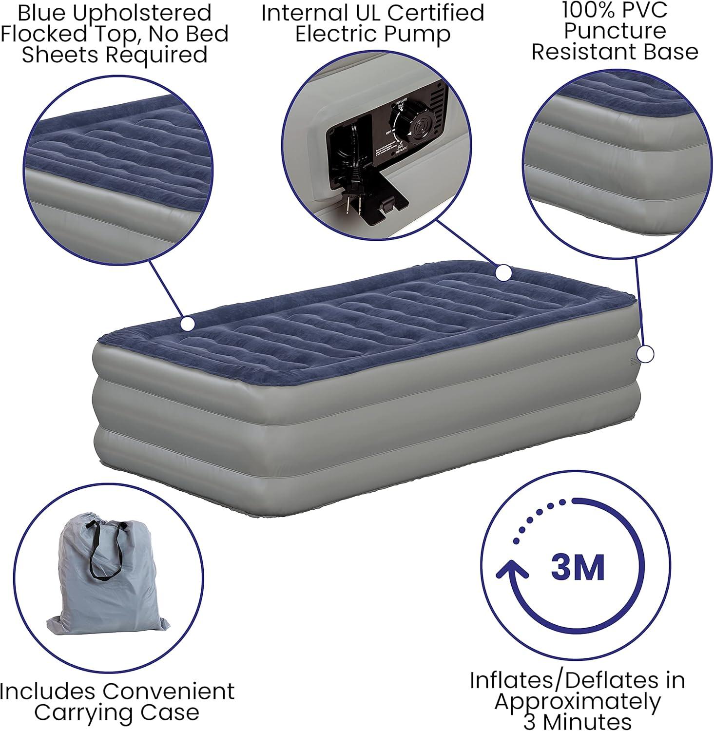 Flash Furniture 18 inch Air Mattress with ETL Certified Internal Electric Pump and Carrying Case - Twin