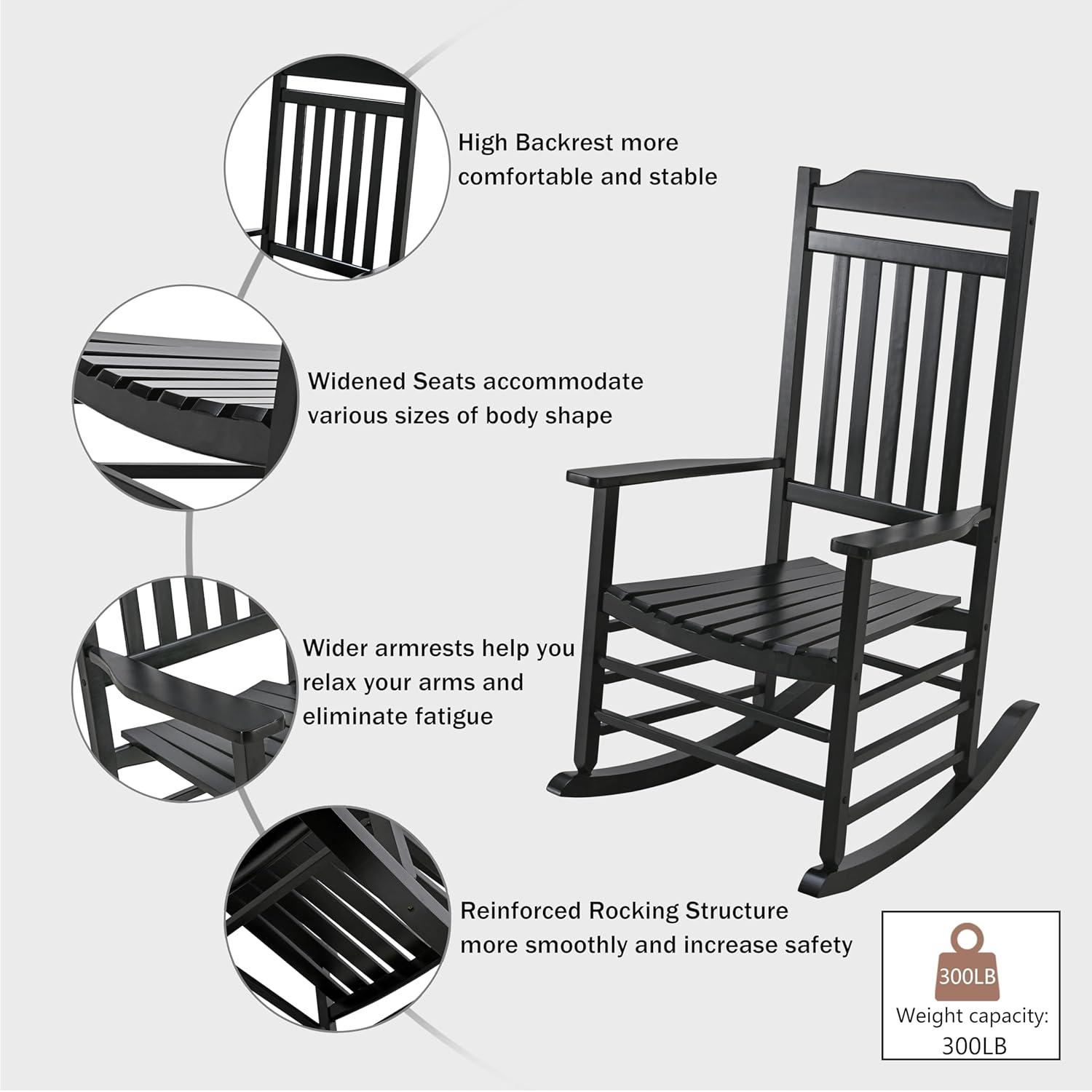 Costway Outdoor Wooden Rocking Chair with Solid Rocking Base Slatted Seat & Back Patio Black