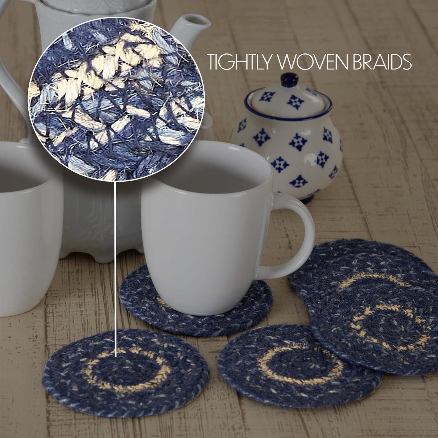 VHC Brands Great Falls Blue Coasters, Blue White, Jute Blend, Round Circle, Set of 6 Coasters