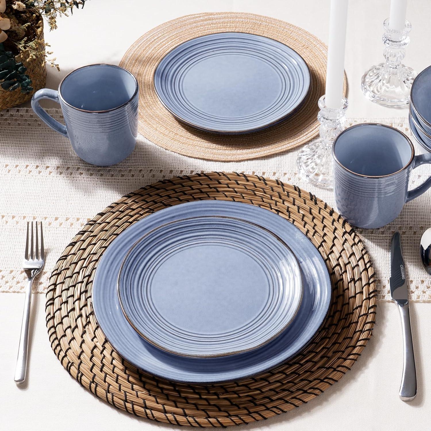 Blue Ceramic 12-Piece Dinnerware Set for 4 with Hand Painted Finish