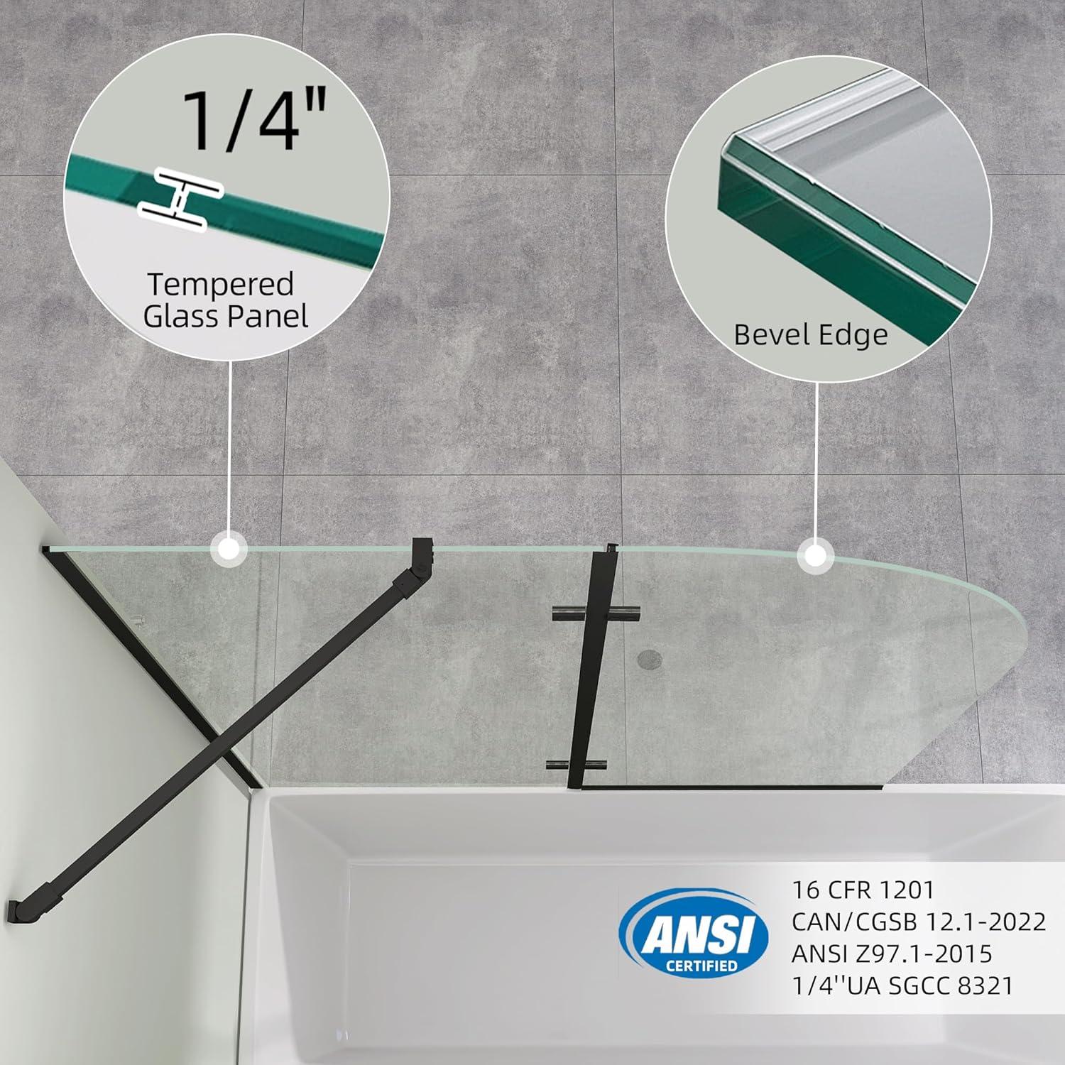 48" W X 58" H Folding Swing Frameless Bathtub Door For Shower With Tempered Glass Pivot Glass Shower Door For Tub With Support Bar