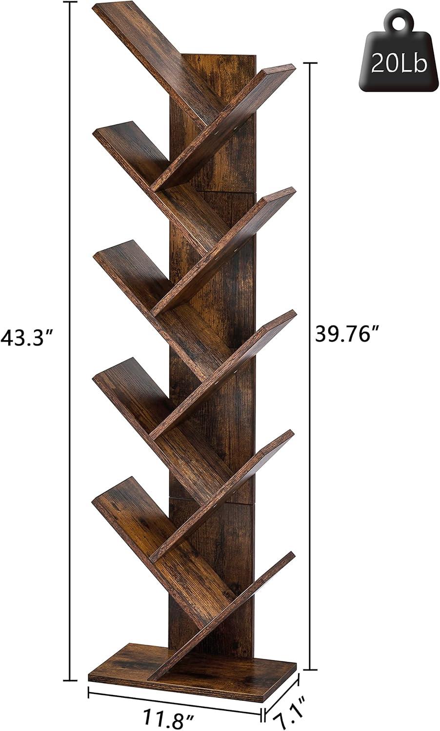 Hoctieon 10 Tier Tree Bookshelf, 10 Shelf Bookcase, Free Standing Tree Bookcase, Display Floor Standing Shelf for Books, Book Shelf Organizer, Rustic Brown