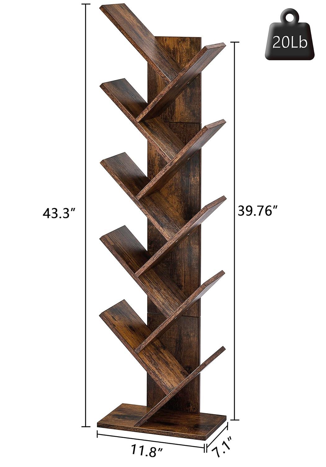 Hoctieon 10 Tier Tree Bookshelf, 10 Shelf Bookcase, Free Standing Tree Bookcase, Display Floor Standing Shelf for Books, Book Shelf Organizer, Rustic Brown