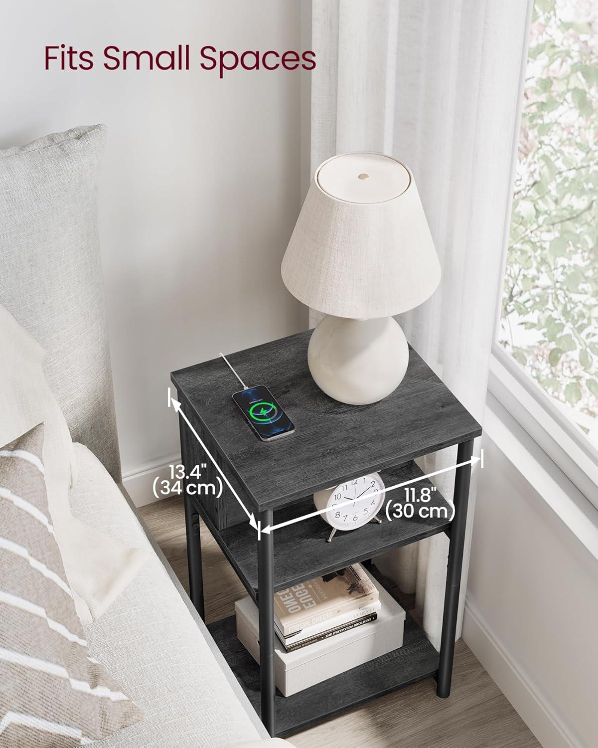 Misty Gray and Black 3-Tier Side Table with Charging Station