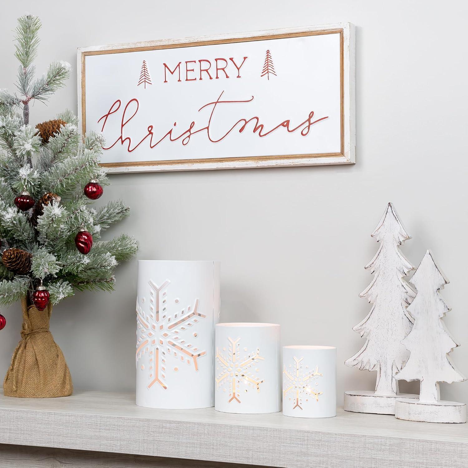 AuldHome Design Snowflake Candle Lanterns for Pillar Candles, 3pc Set; Christmas Holiday Decor Centerpiece Candle Holders