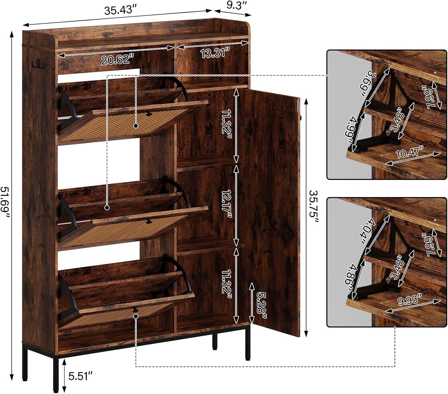 TROPOW Gabinete de Almacenamiento de Zapatos, Gabinete de Zapatos de 3 Niveles con Cajones Abatibles, Organizador de Almacenamiento de Zapatos Estrecho Independiente con Estantes Ajustables, Gabinete de Zapatero para Entrada, Cerca en la Parte Superior, Retro
