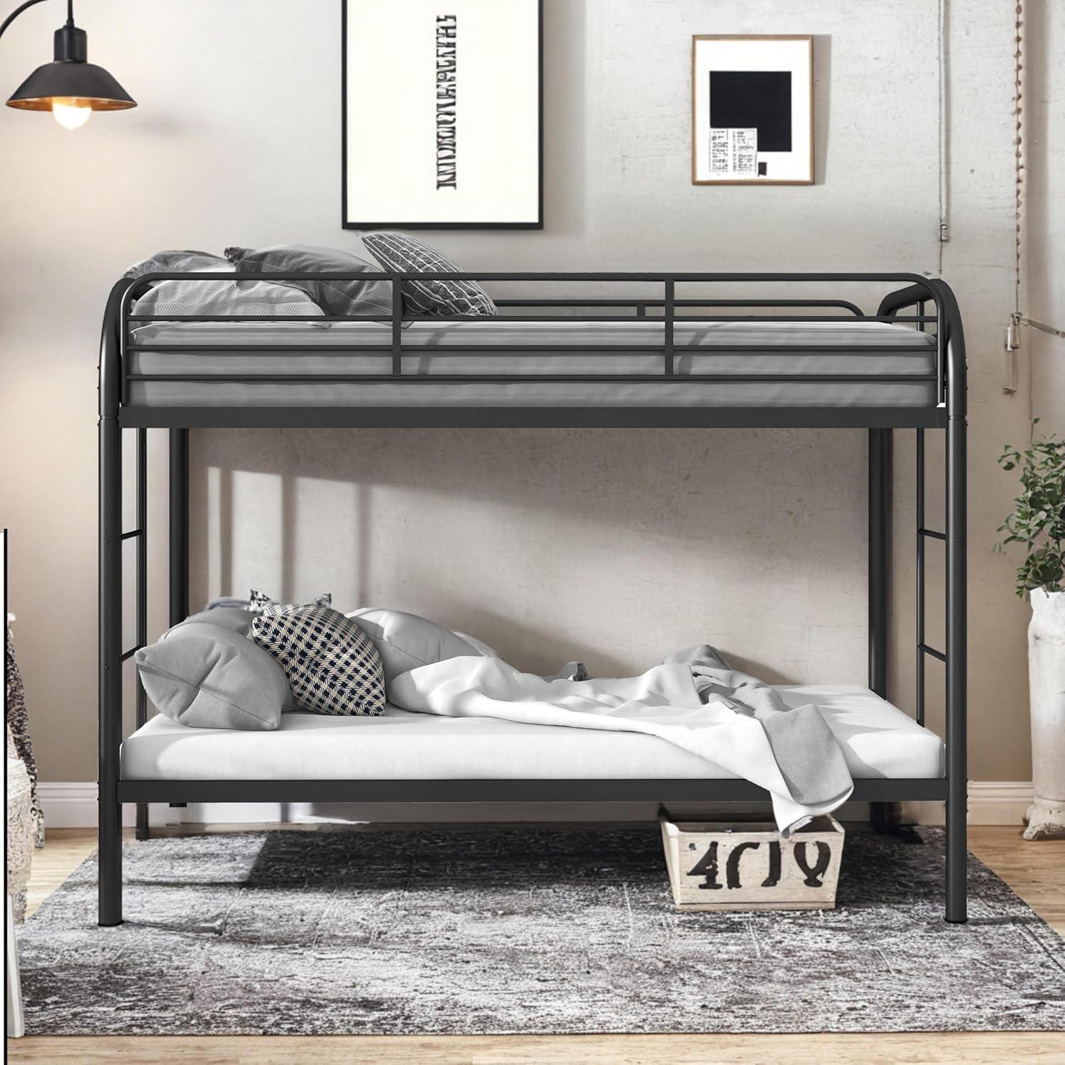 Black Twin Metal Bunk Bed with Safety Rails and Storage Drawer