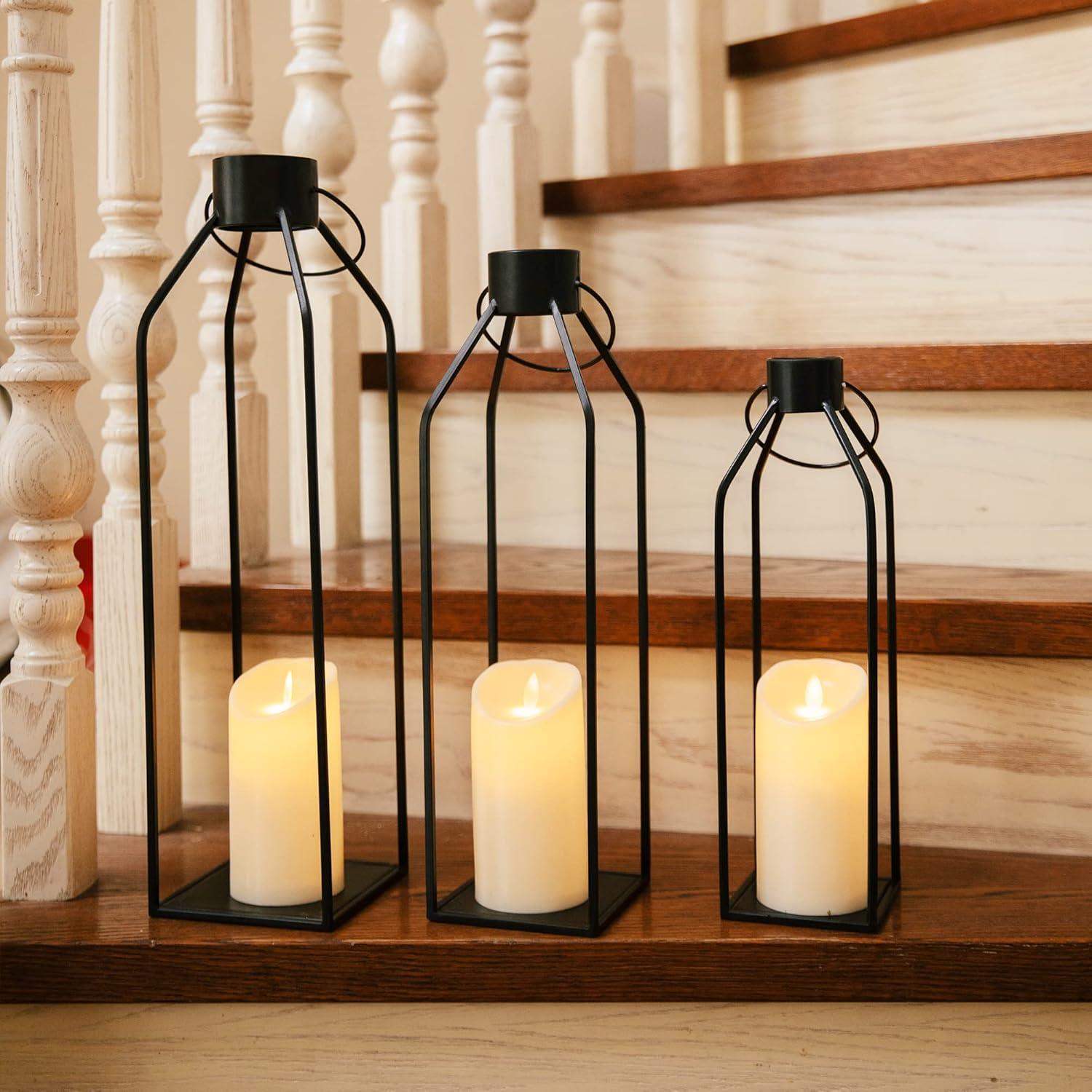 Black Metal Tabletop and Hanging Candle Lantern Set with LED Candles