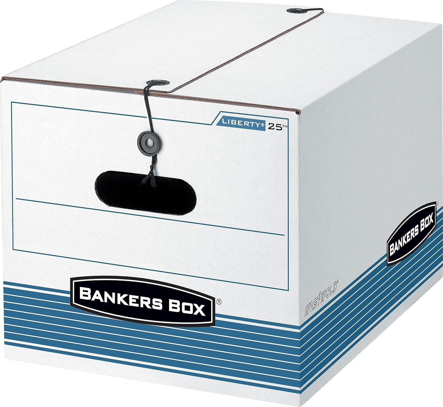 Bankers Box® Storage Box, Legal/Letter, Tie Closure, White/Blue, 4/Ctn