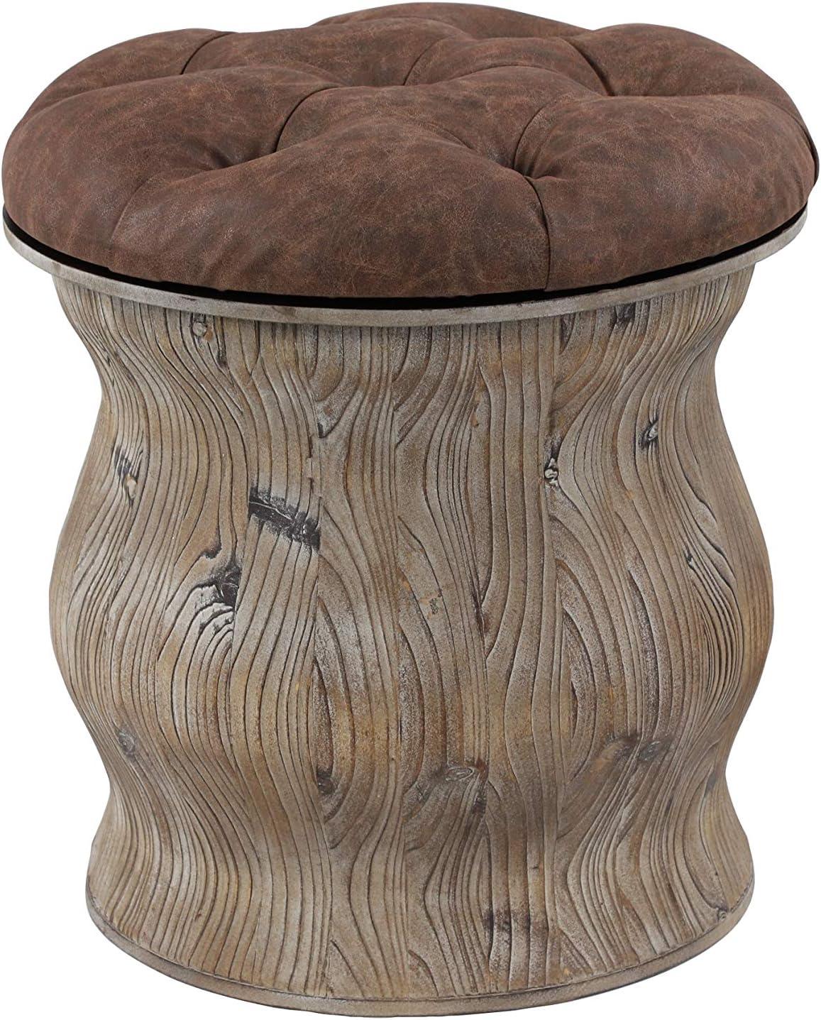 Distressed Brown Leather Tufted Round Storage Ottoman