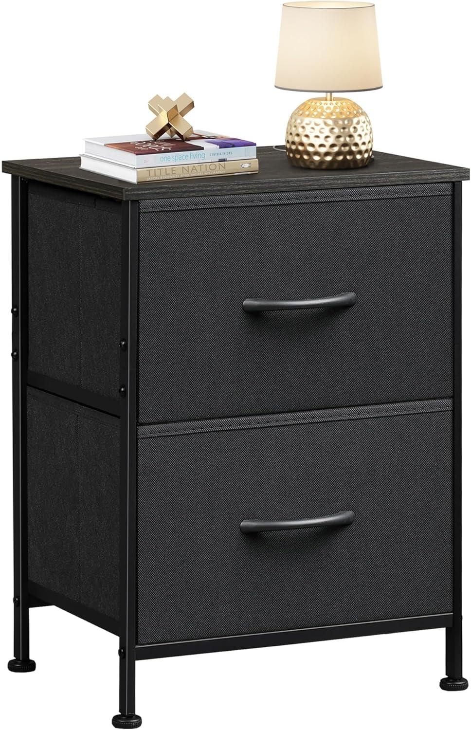 WLIVE Nightstand, Nightstand with 2 Drawers, Bedside Furniture, Night Stand, Small Dresser for Bedroom, College Dorm, End Table with Fabric Bins, Dormitory, Charcoal Black Wood Grain Print, Size L