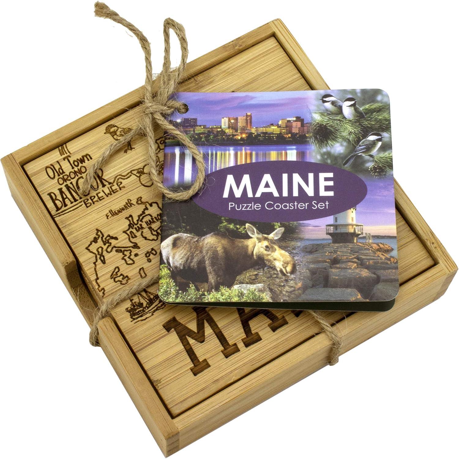 Maine State Bamboo Puzzle Coaster Set with Case