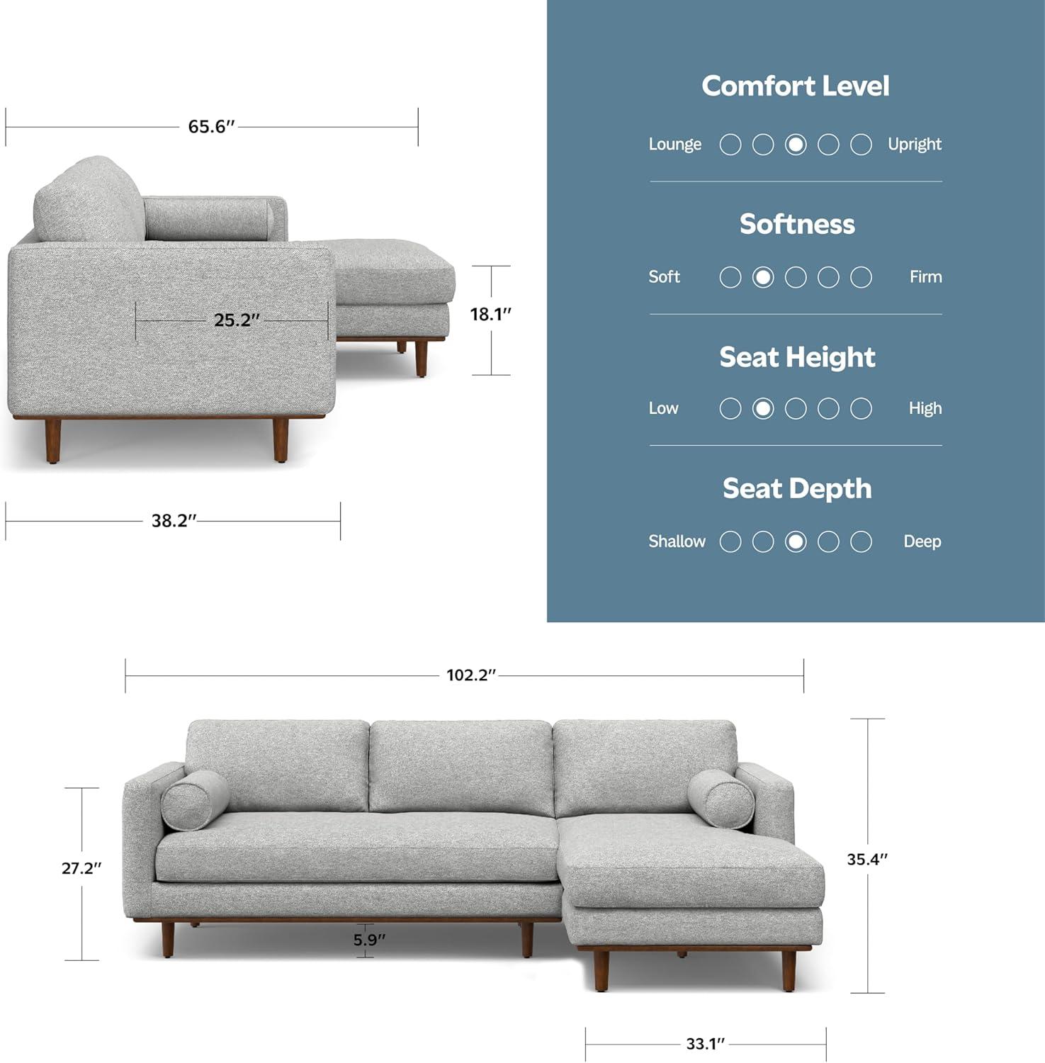Simpli Home Morrison Large Left Sectional Sofa,Mid-Century Modern Couch with Chaise Lounge and Eco-Friendly Woven-Blend Fabric