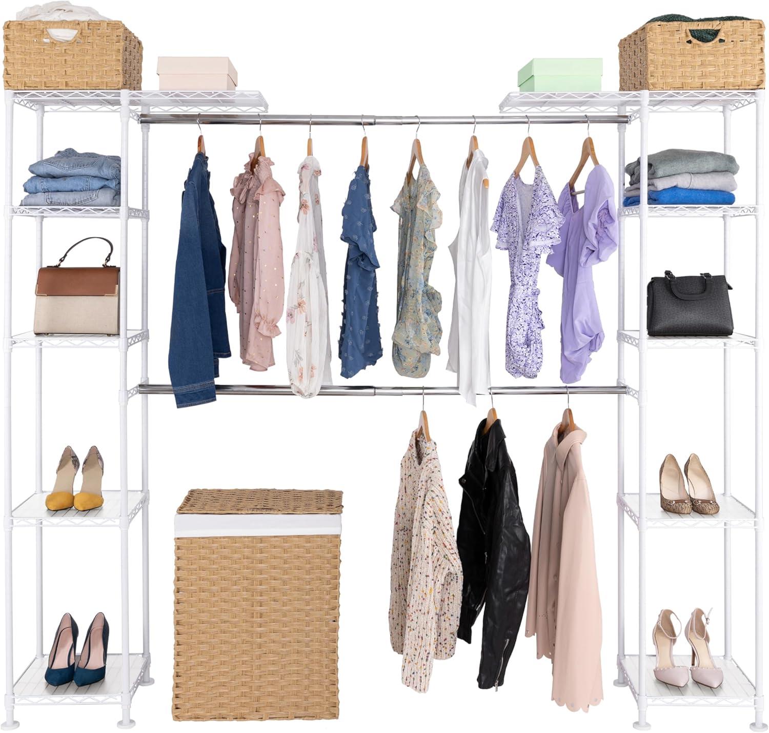 White Expandable Steel Closet Organizer System with Adjustable Shelves