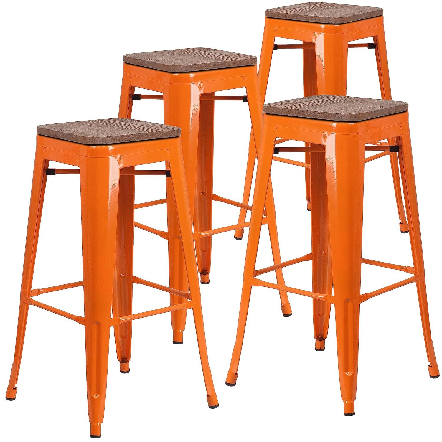 Flash Furniture Margherite 30" High Backless Metal Barstool with Square Wood Seat