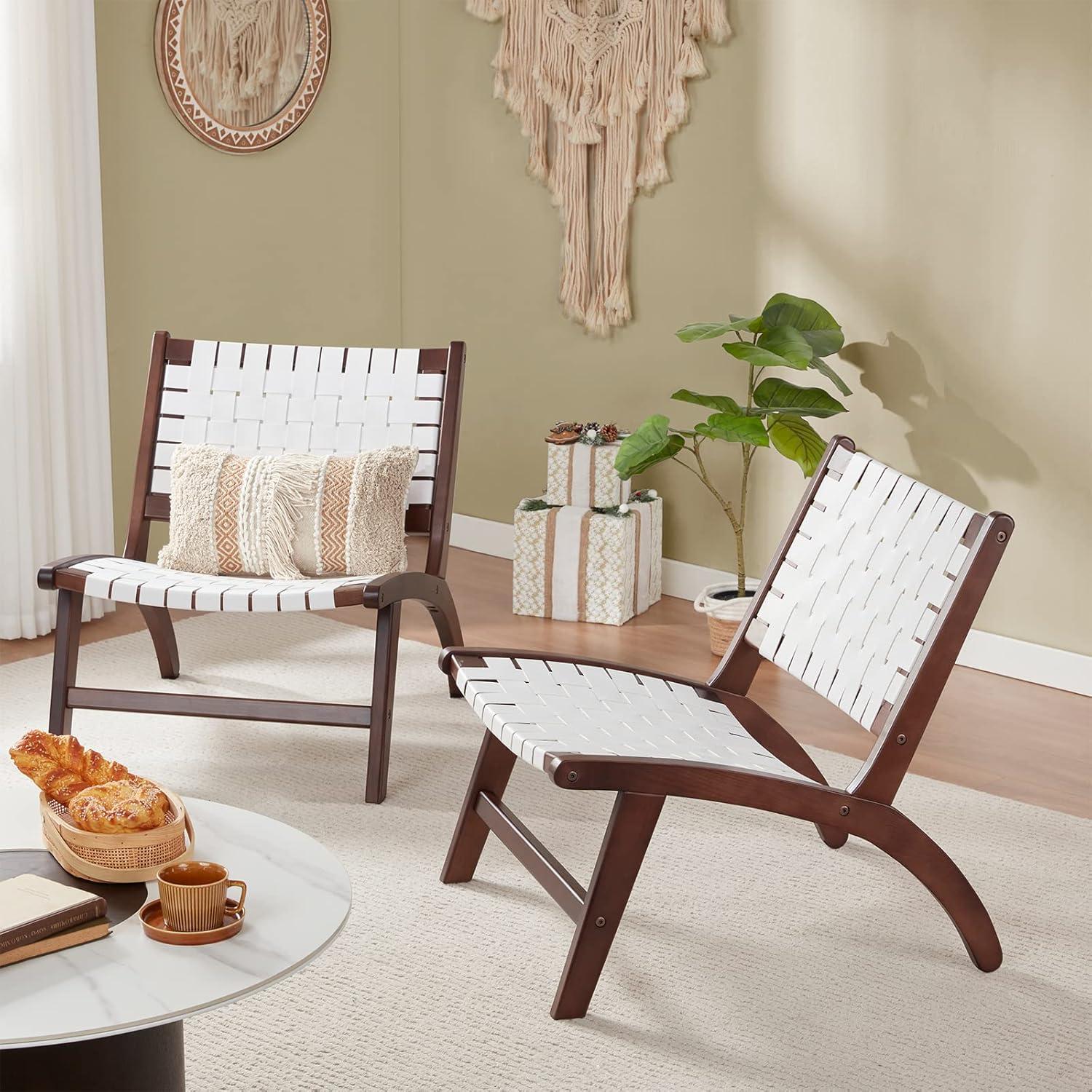 Beech Modern Leather Accent Chairs for Living Room,Mid Century Lounge Chair,Side Brown Leather Chair Indoor Boho Scandinavian Cognac Woven Rattan Faux Leather Accent Chair
