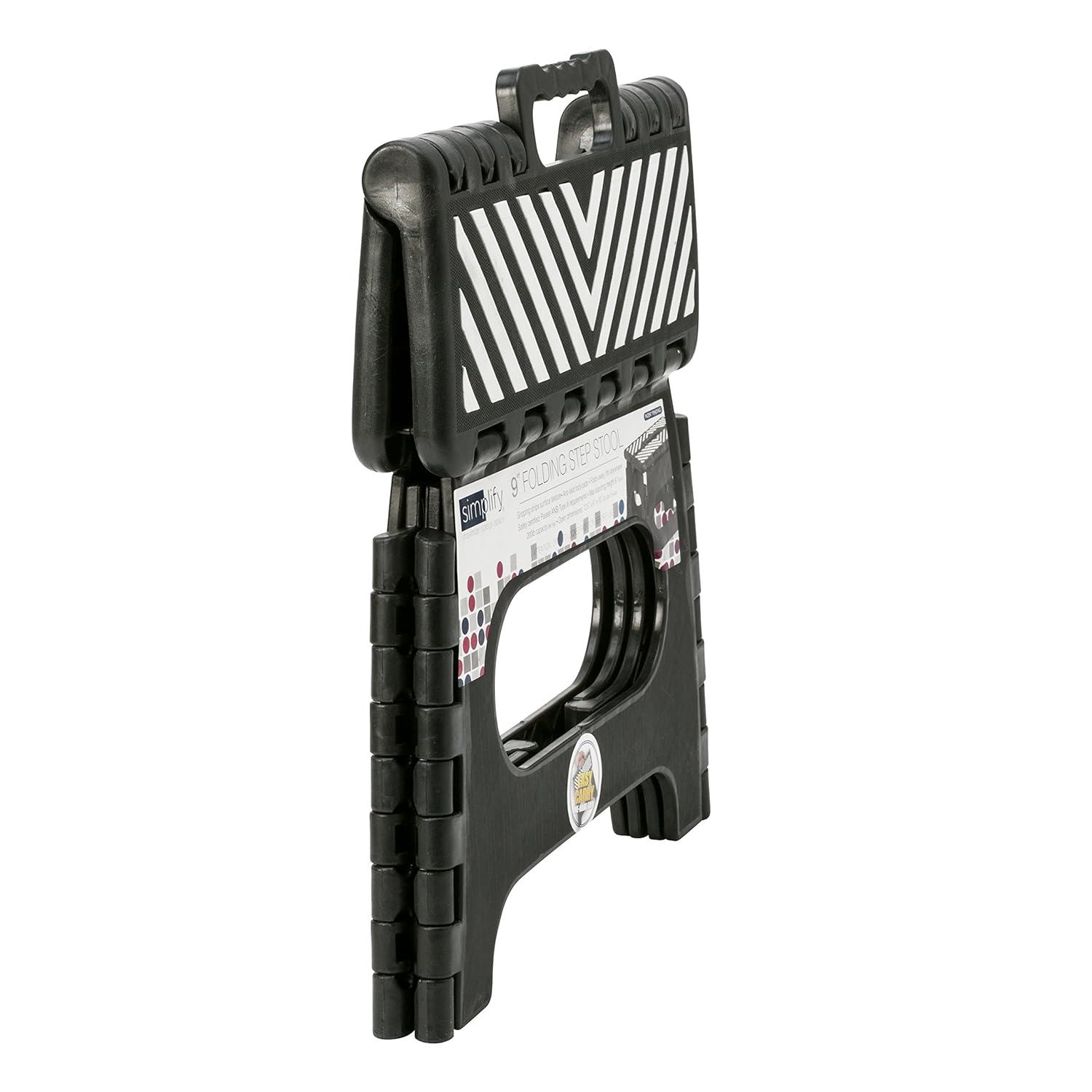 Simplify Plastic 9" Stripe Top 1 Step Folding Step Stool, Black