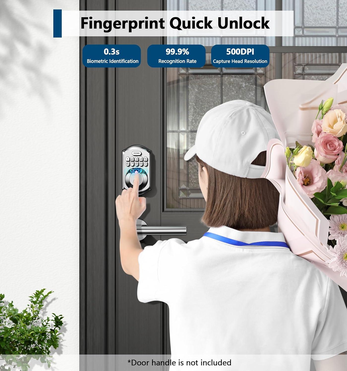 TEEHO Fingerpint Keyless Entry Keypad, Smart Digital Deadbolt Door Lock for Front Door, Remotely Share Temporary PIN Code, Easy Installation-Satin Nickel