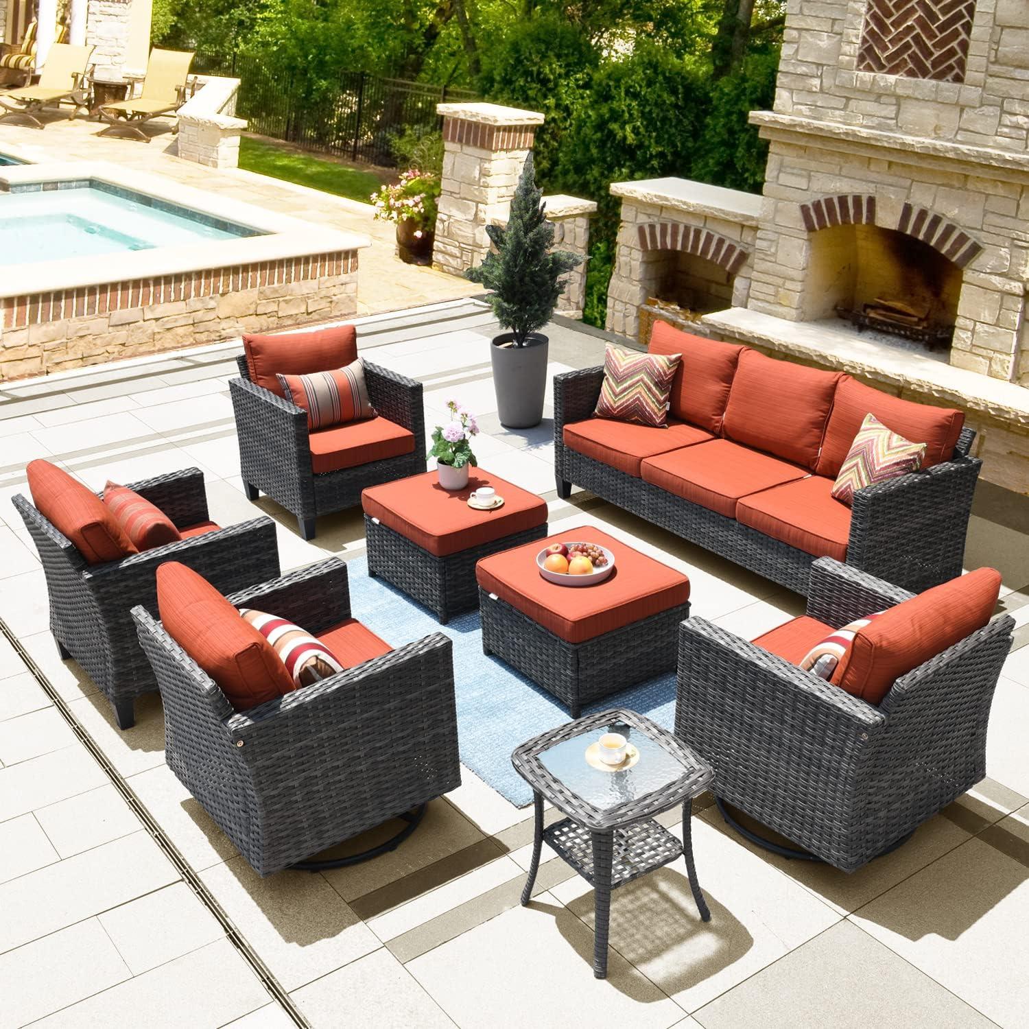 OVIOS  8-piece Rattan Wicker Patio Furniture Set Swivel Rocking Chair Set Red/Orange