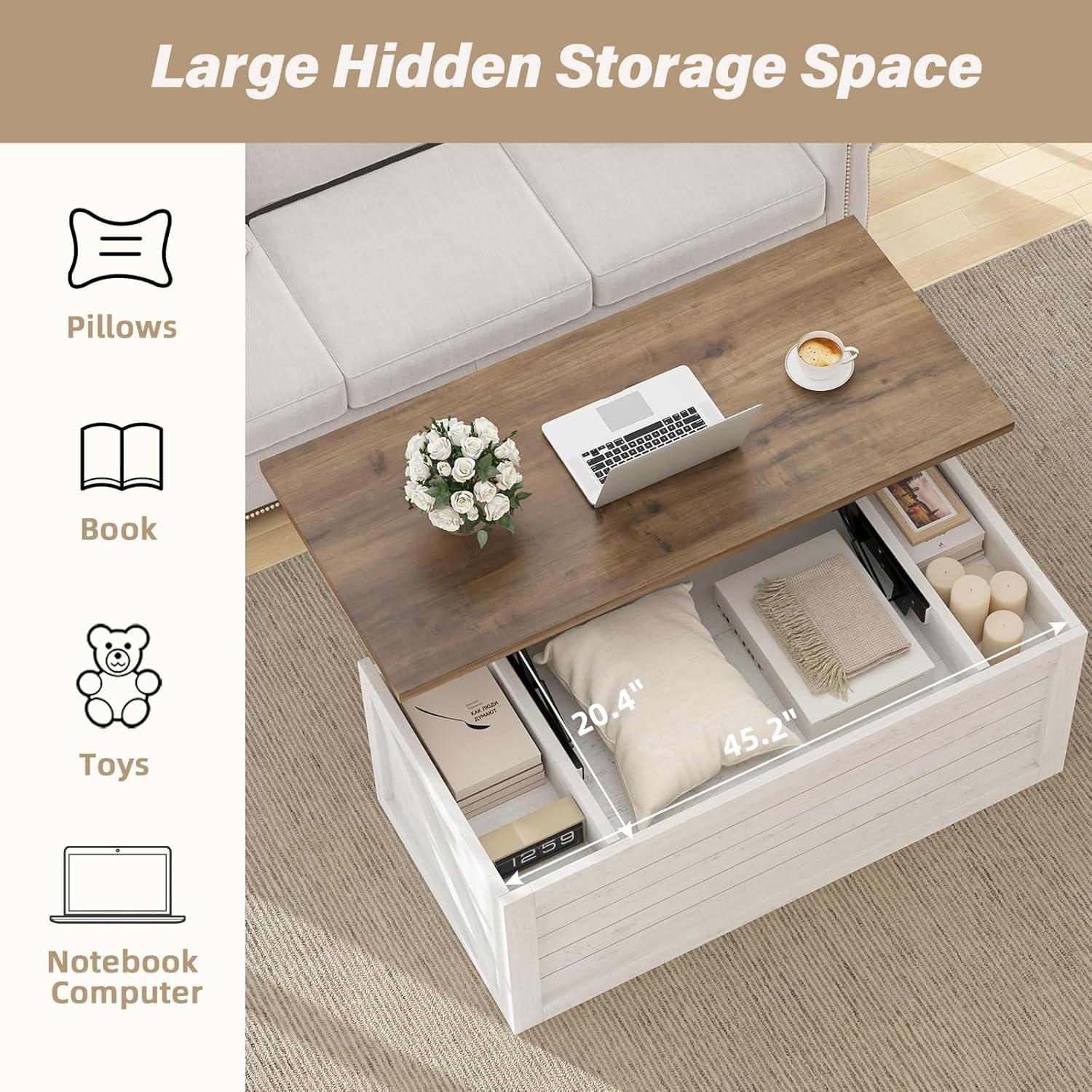 47.3" Lift Top Coffee Table, Farmhouse Coffee Table for Living Room, White Lift Top Coffee Table with Large Hidden Storage Compartment and Sliding Barn Doors, White